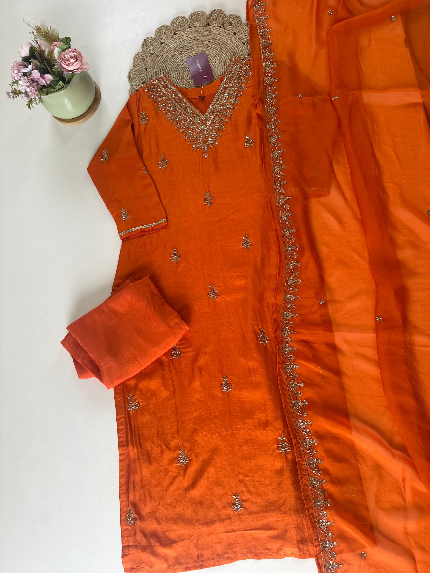 K304 - Handwork Russian silk Straight kurti with pants and dupatta .