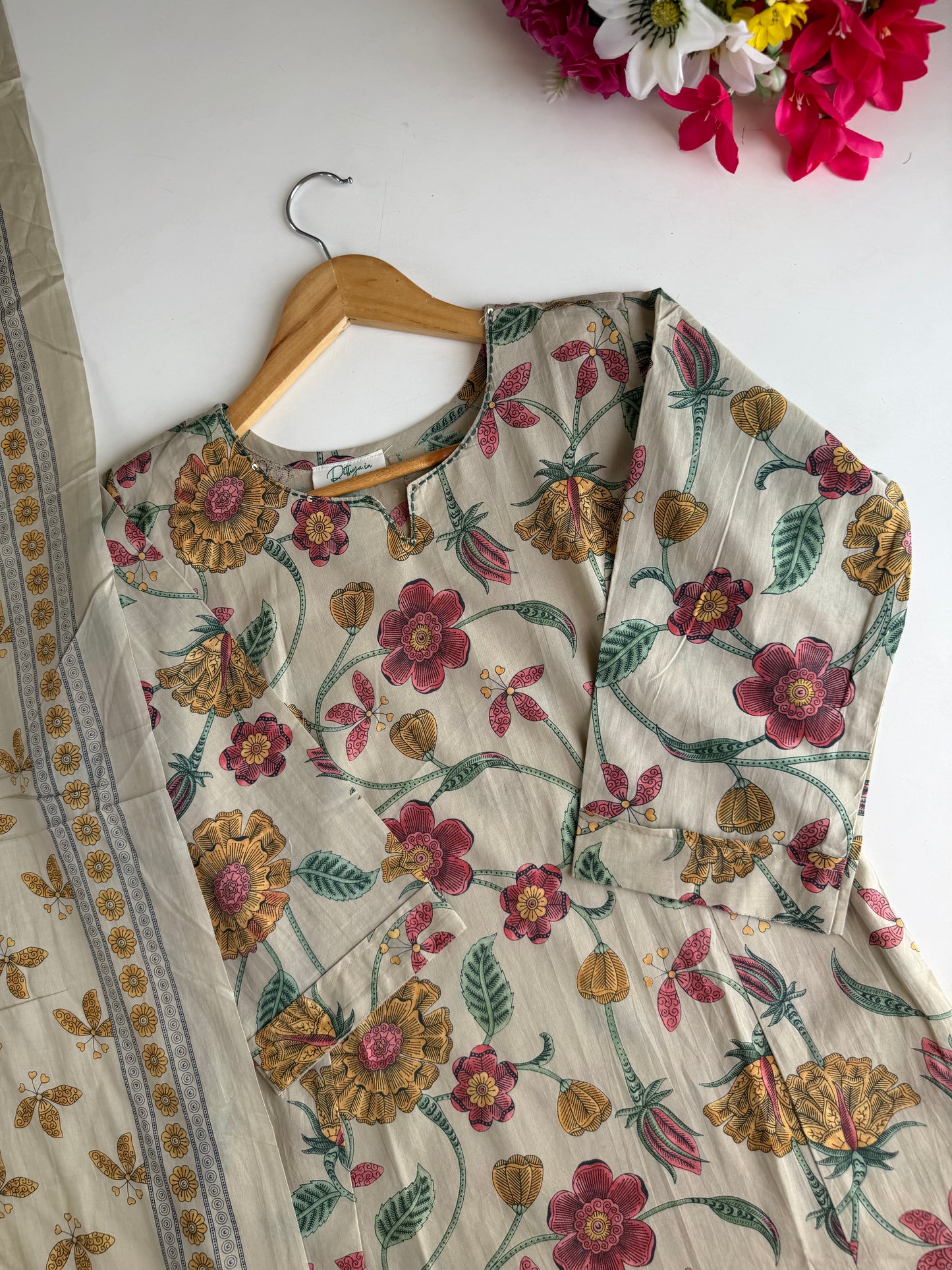 K139 - Mul cotton floral printed Aline Kurti with pants and dupatta