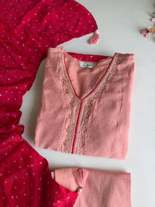 K020 - Surat Mul chanderi handwork Anarkali with pants and bandhini dupatta