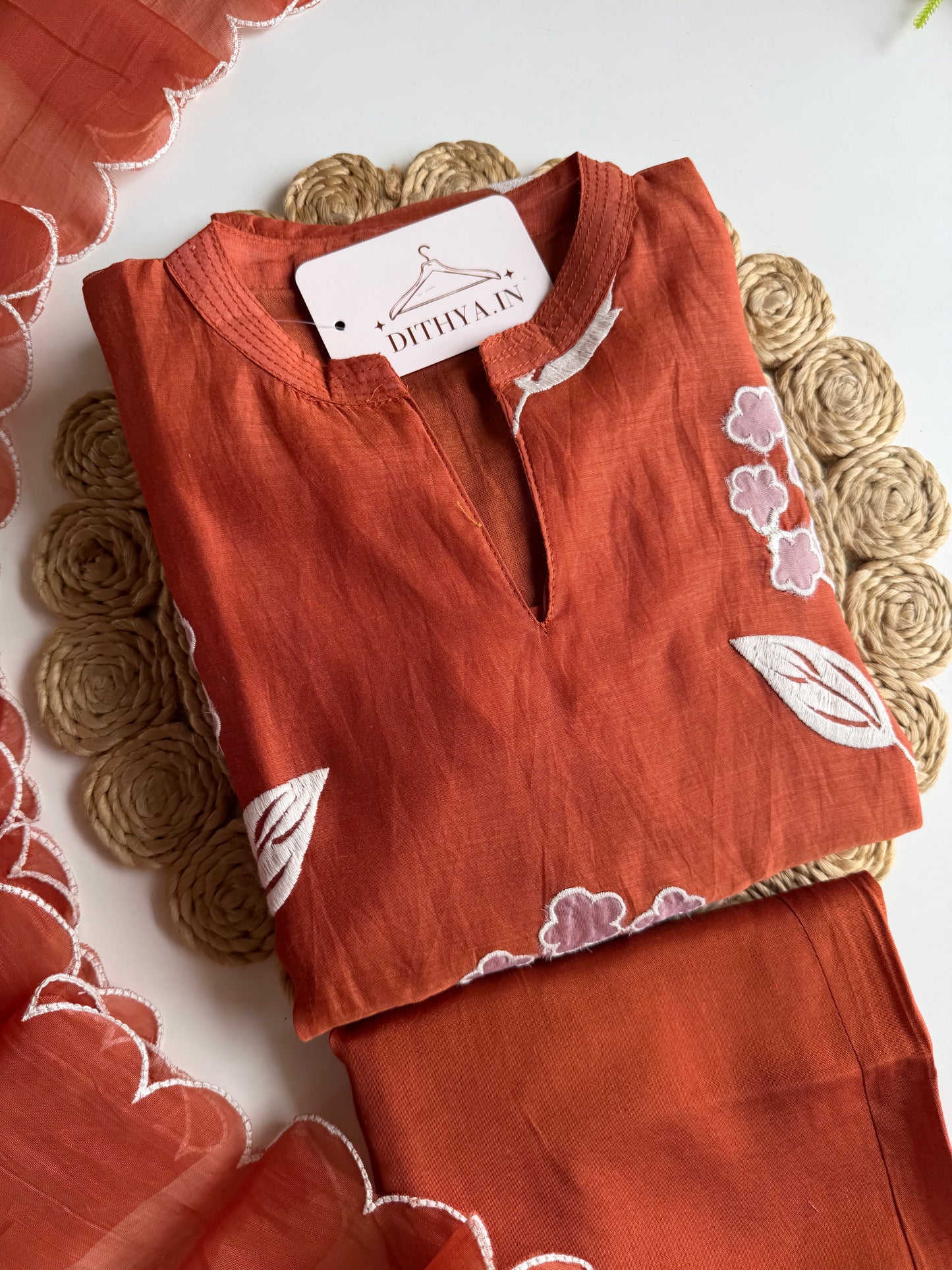 K537 - Mul chanderi appliqué work aline Kurti with pants and dupatta in 2 colours