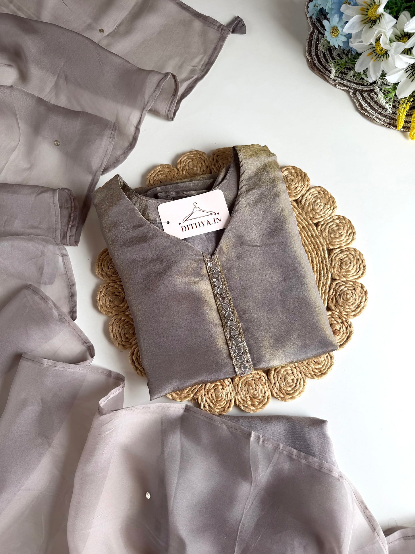 K121 - Tissue silk mirror work Anarkali with pants and dupatta