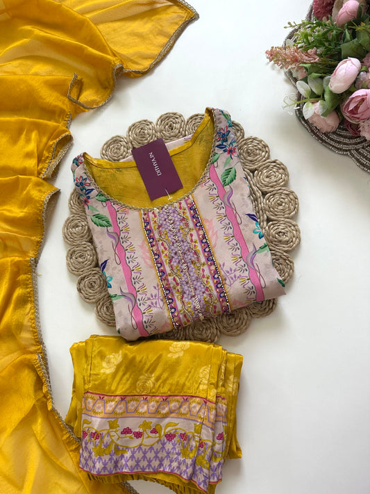 K070 - Pure crepe floral printed Aline Kurti with pants and dupatta