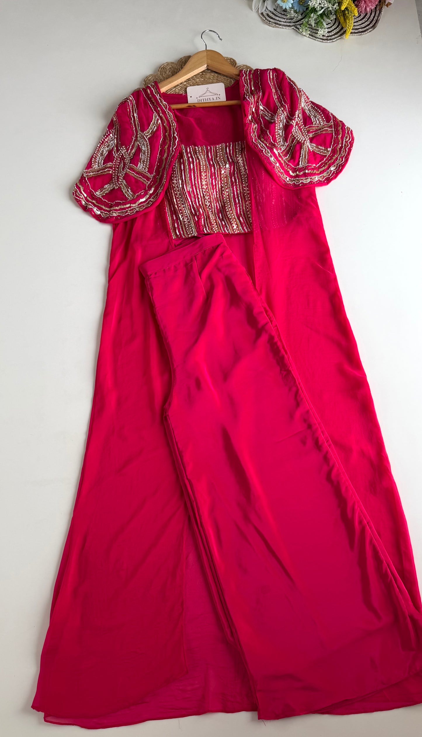 K652 - Pure crape handwork crop top with jacket and divider pants