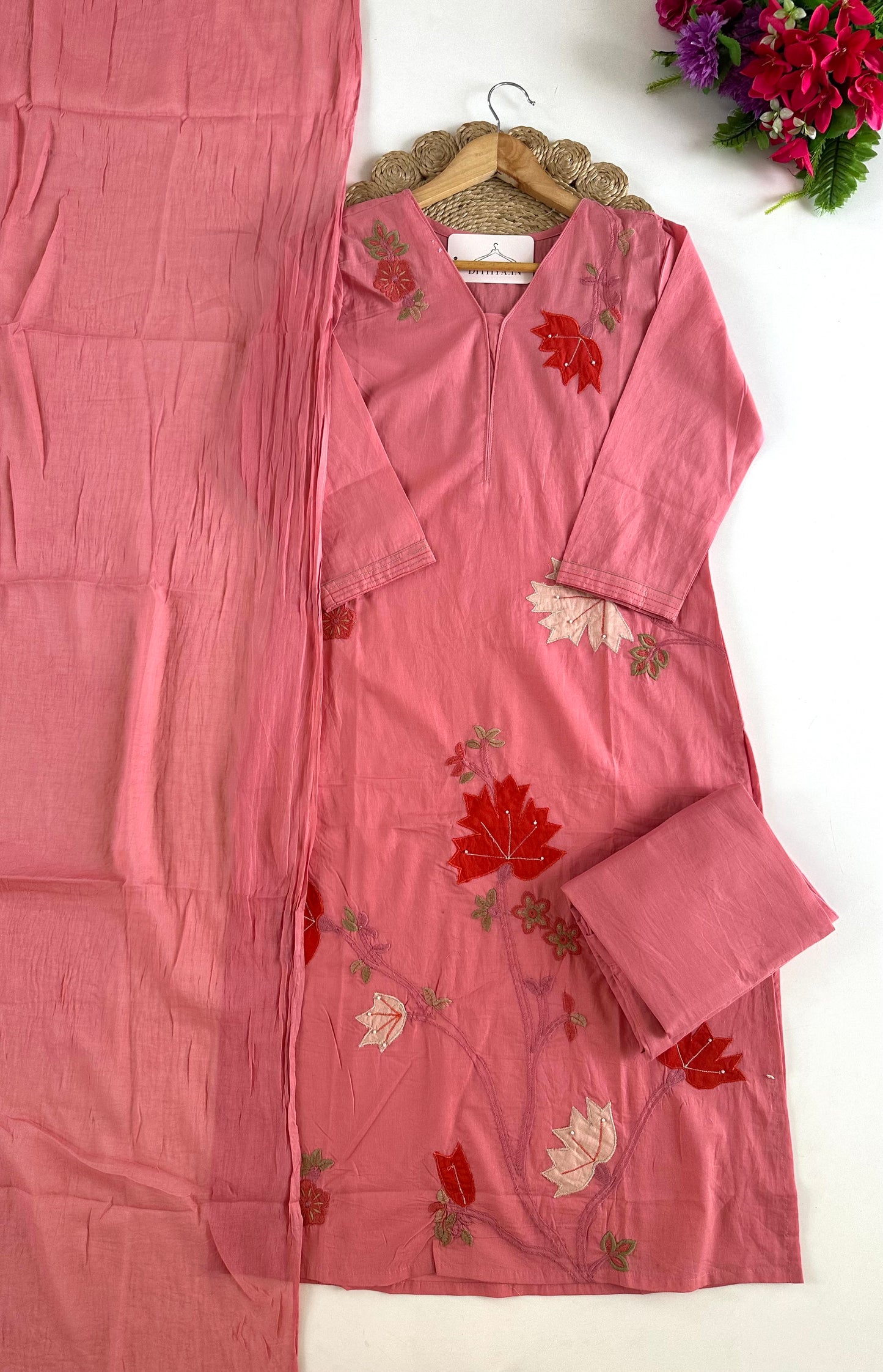 K388 - Mul cotton appliqué Aline Kurti with pants and dupatta