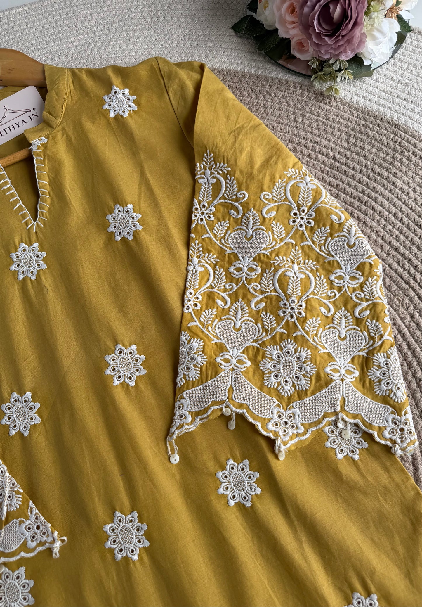 K718 - Cotton embroidered Aline Kurti with pants in 3 colours