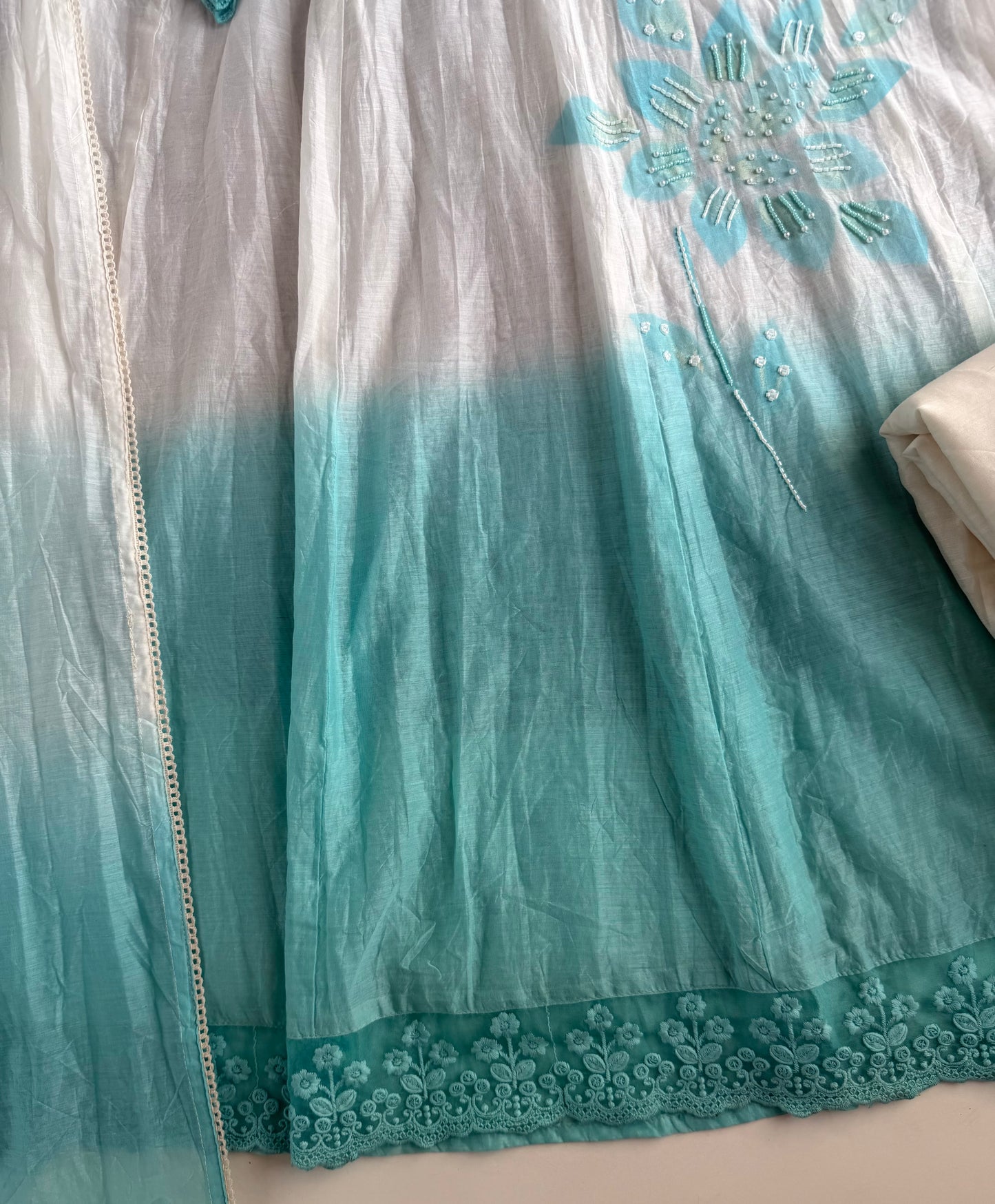 K696 - Mul chanderi Dual shaded handwork Anarkali with pants and dupatta