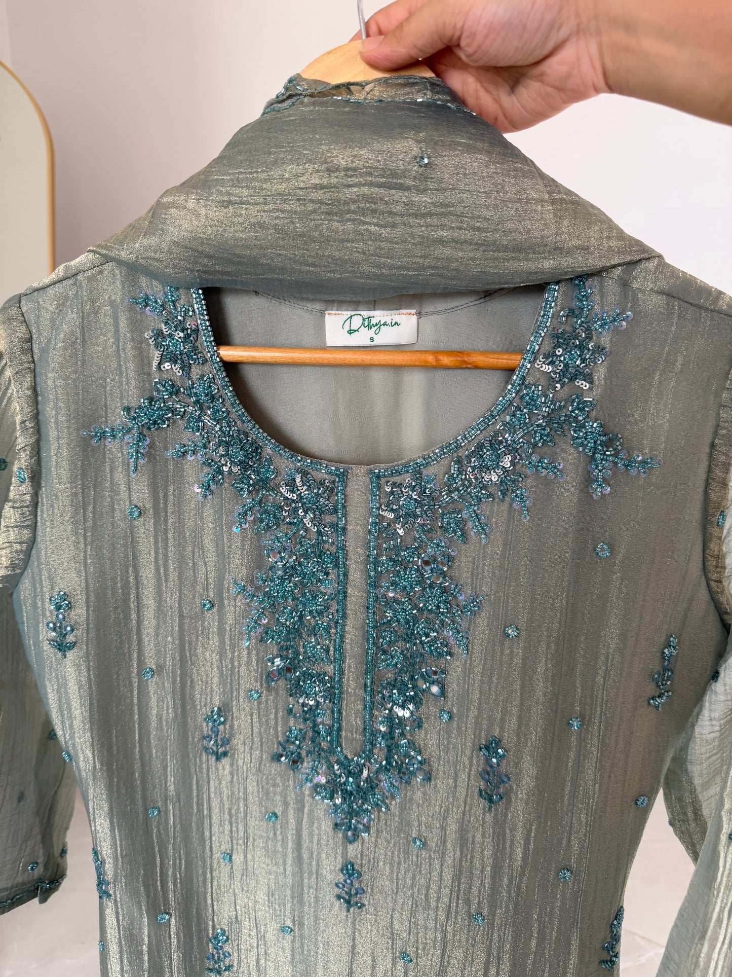 K549 - Crushed tissue silk handwork straight Kurti with divider pants and dupatta