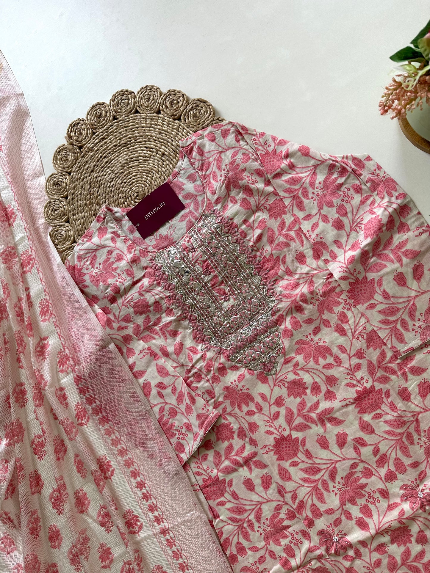 K321 - Cotton printed straight kurti with pants and dupatta .