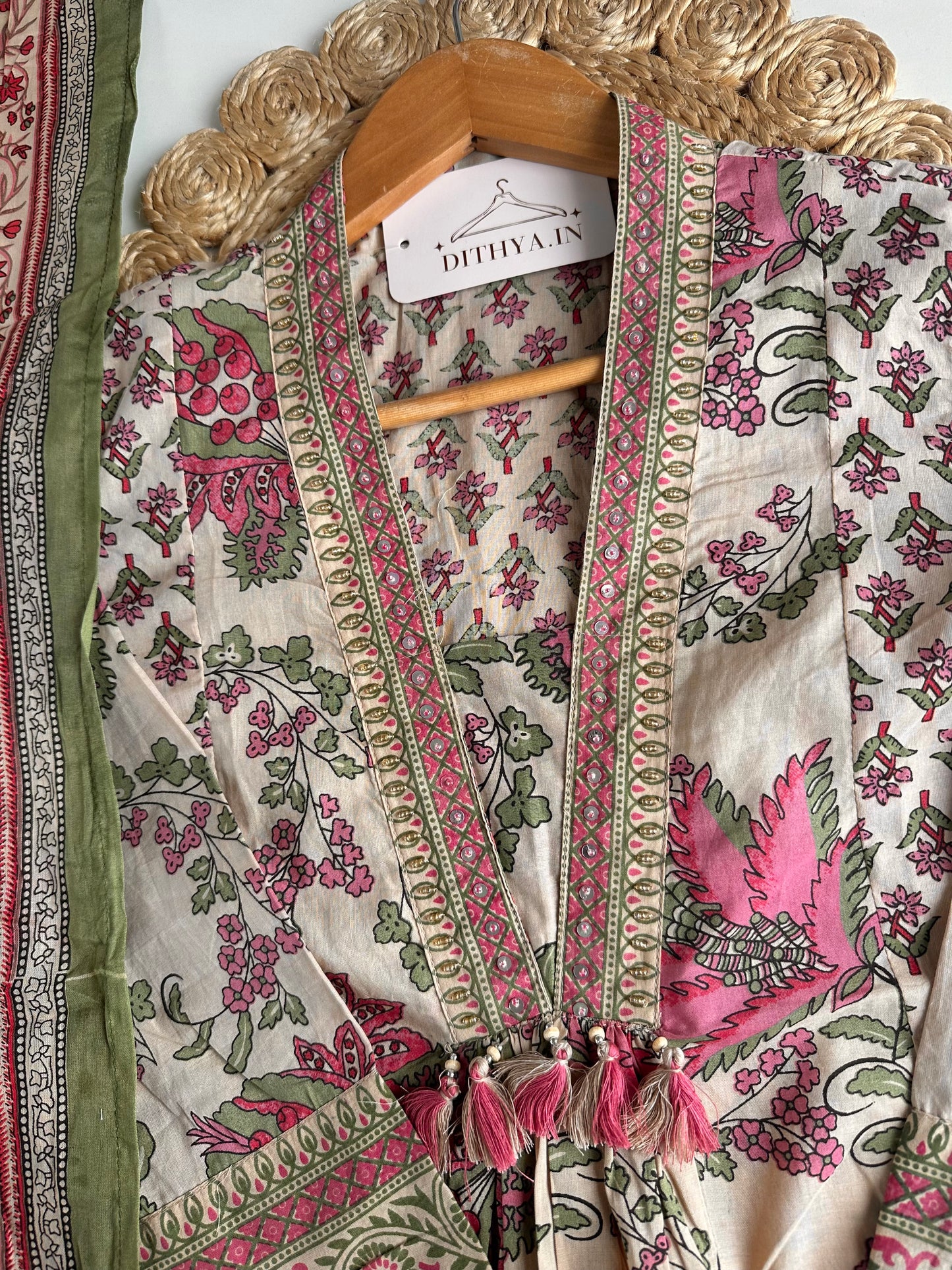 K718 - Mul cotton printed floral Anarkali with pants and dupatta