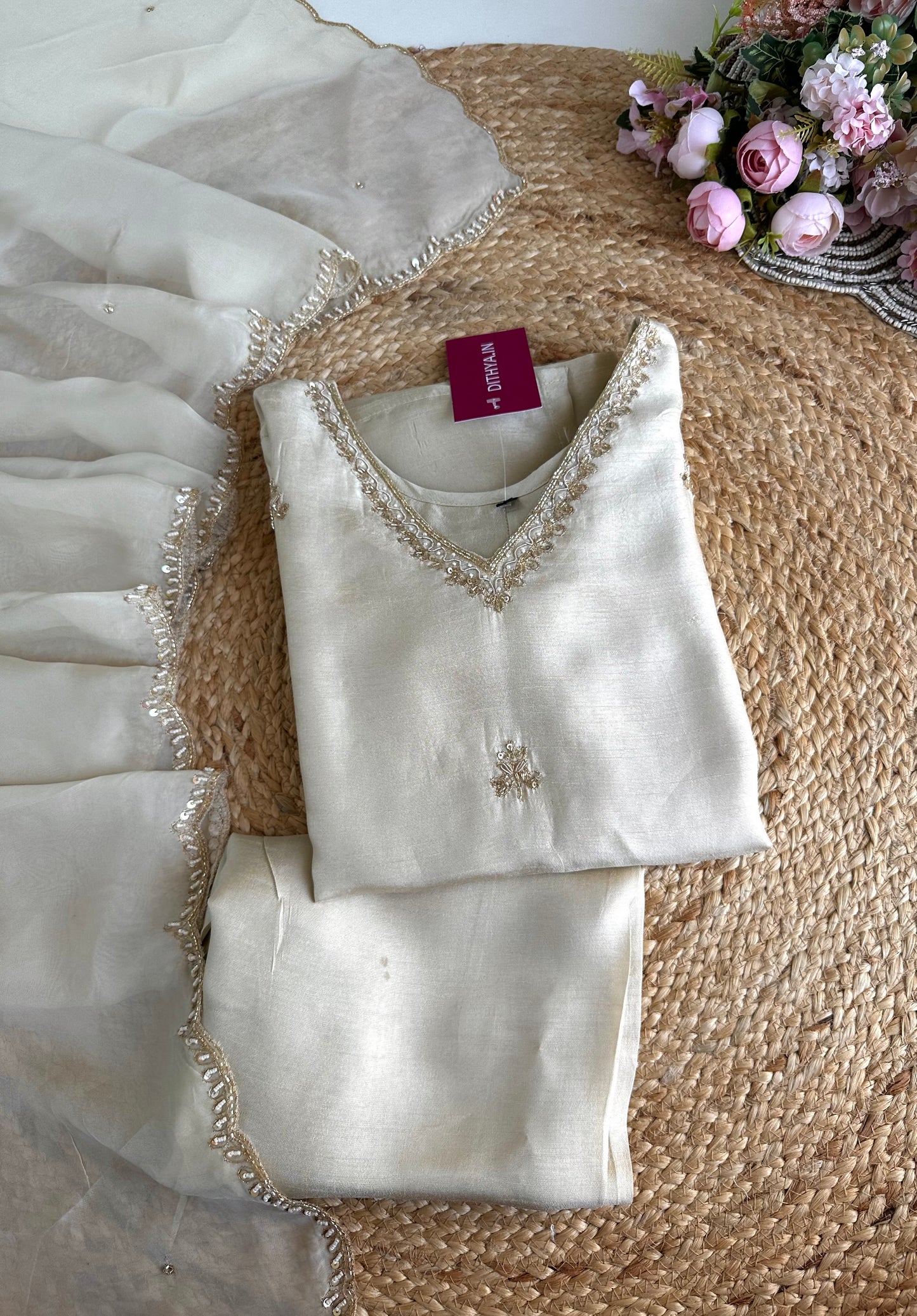 K415 - Russian silk handwork straight Kurti with pants and dupatta