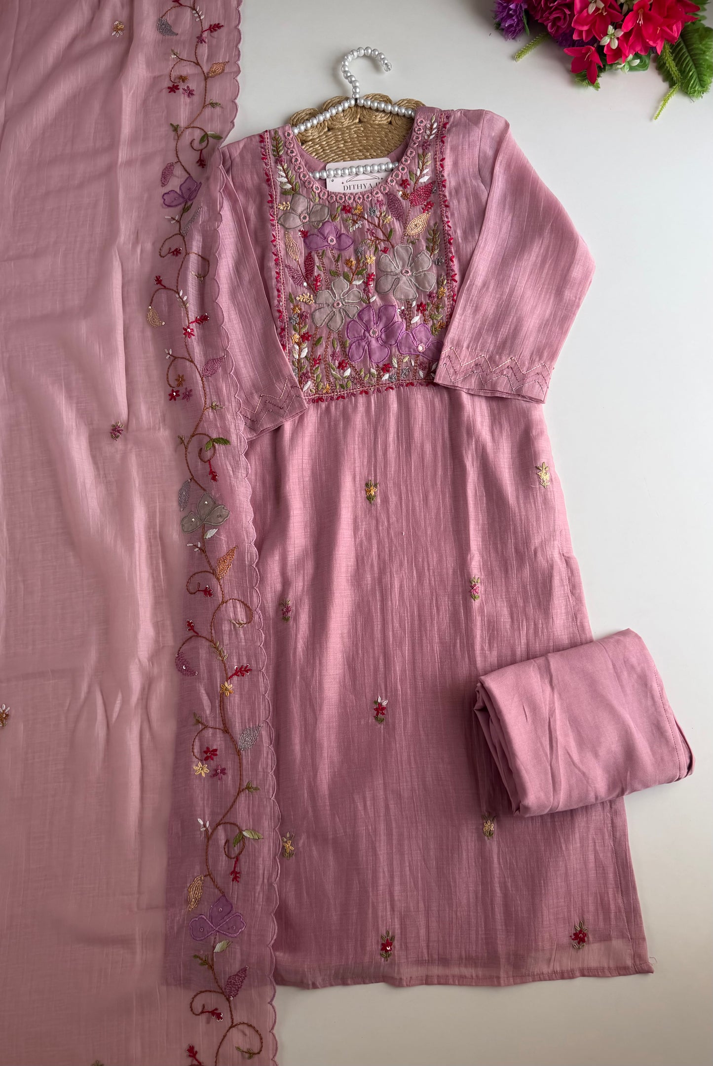K427 - Mul chanderi embroidered straight Kurti with pants and dupatta