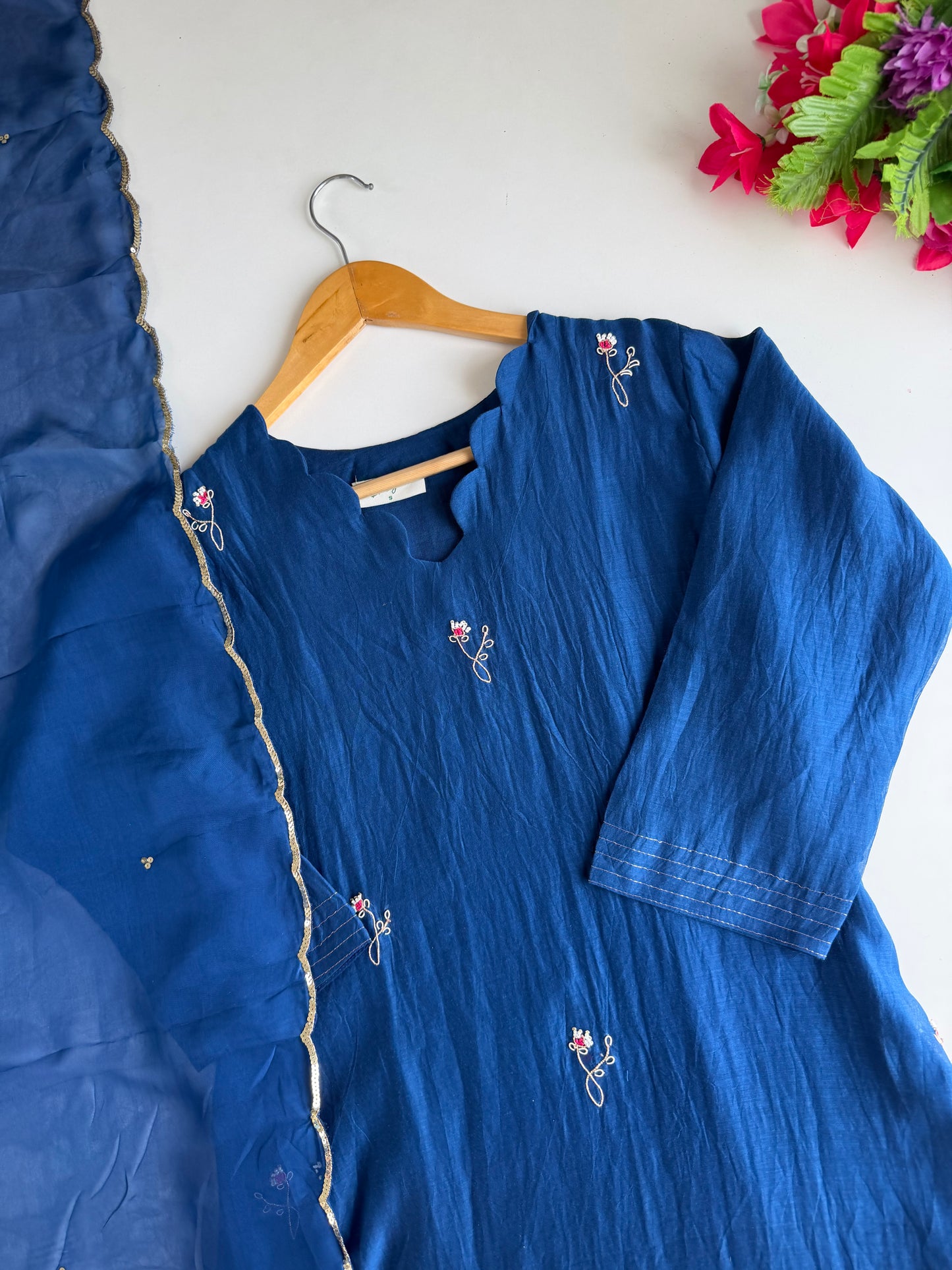 K469 - Mul chanderi handwork Aline Kurti with pants and dupatta in 2 colours