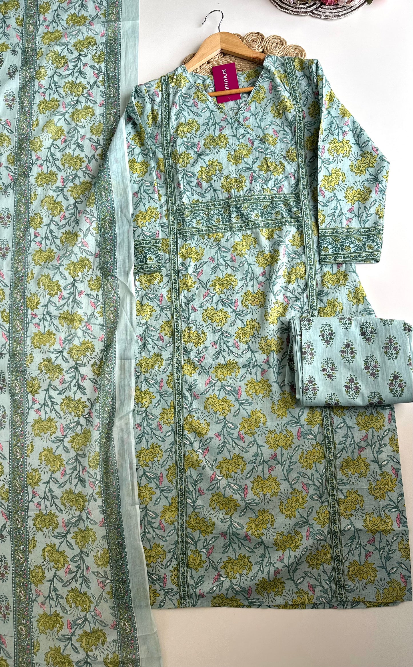 K422 - Cotton floral straight Kurti with pants and dupatta