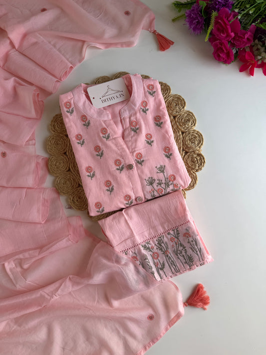 K281 - Mul cotton embroidered Anarkali with pants and dupatta