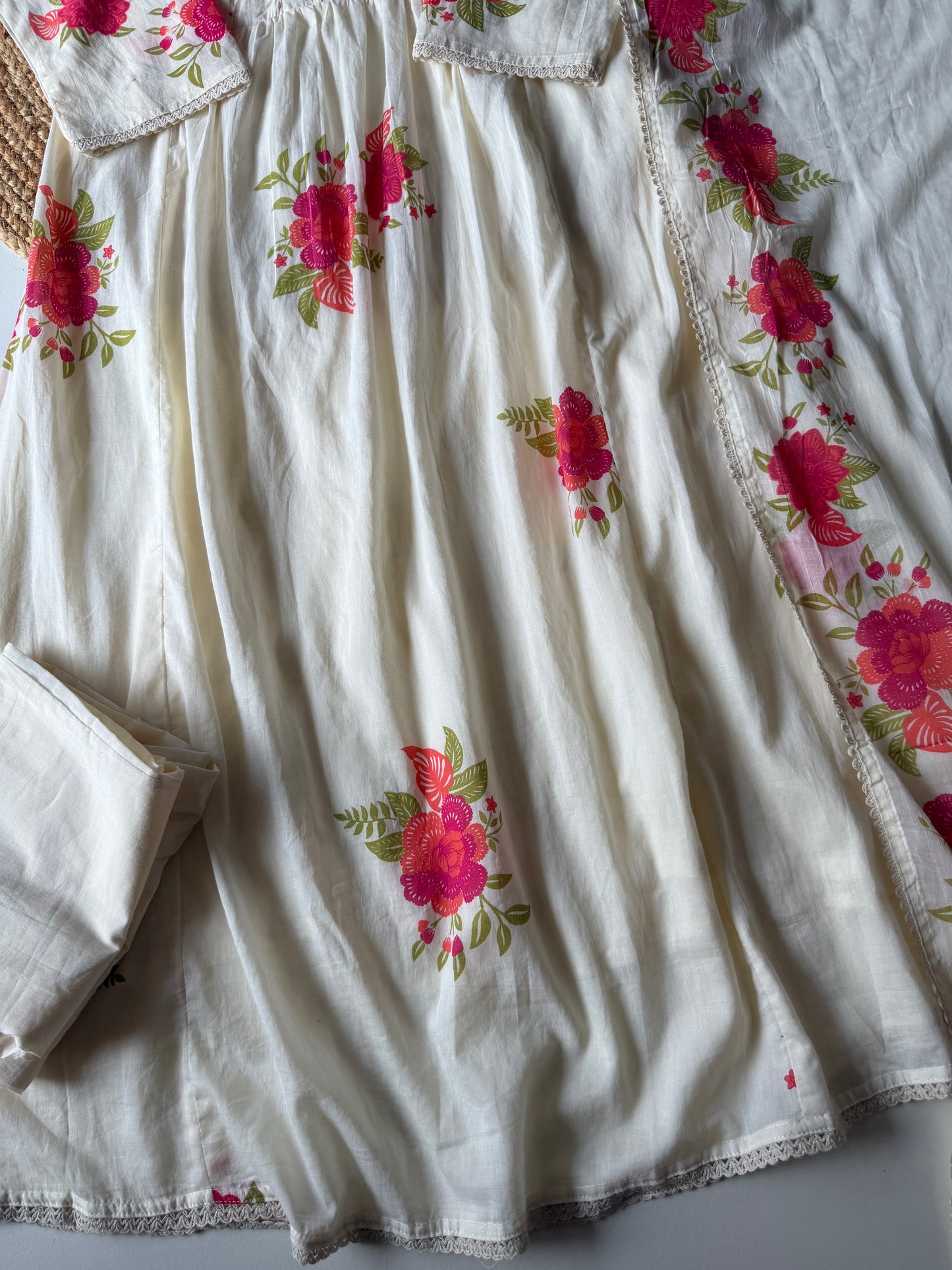 K245 - Mul cotton embroidered Anarkali with pants and dupatta