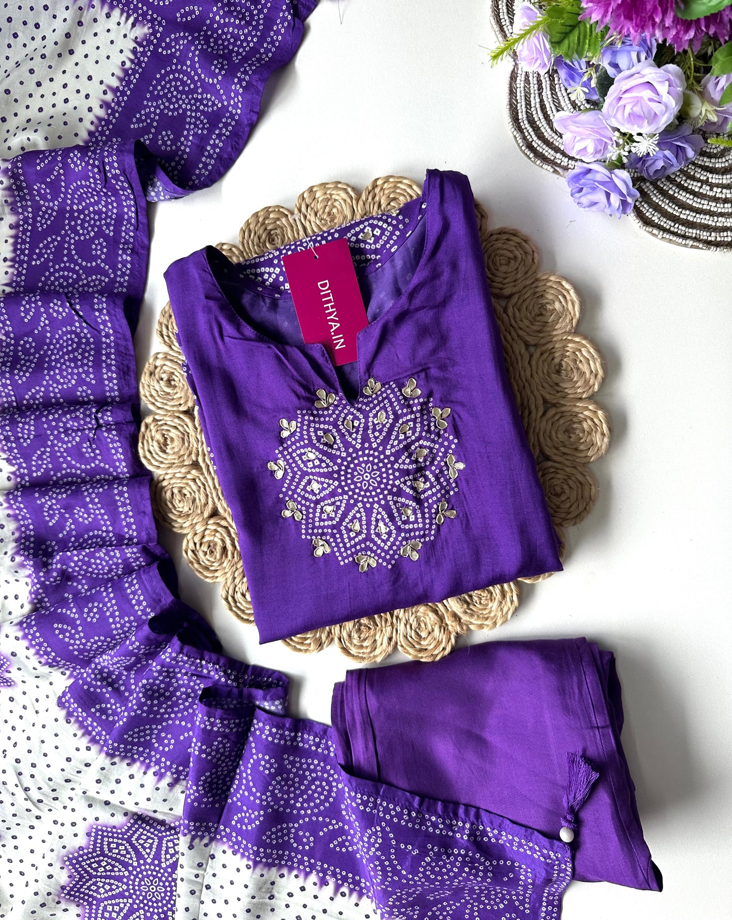 K272 - Pure muslin bandhini straight Kurti with pants and dupatta