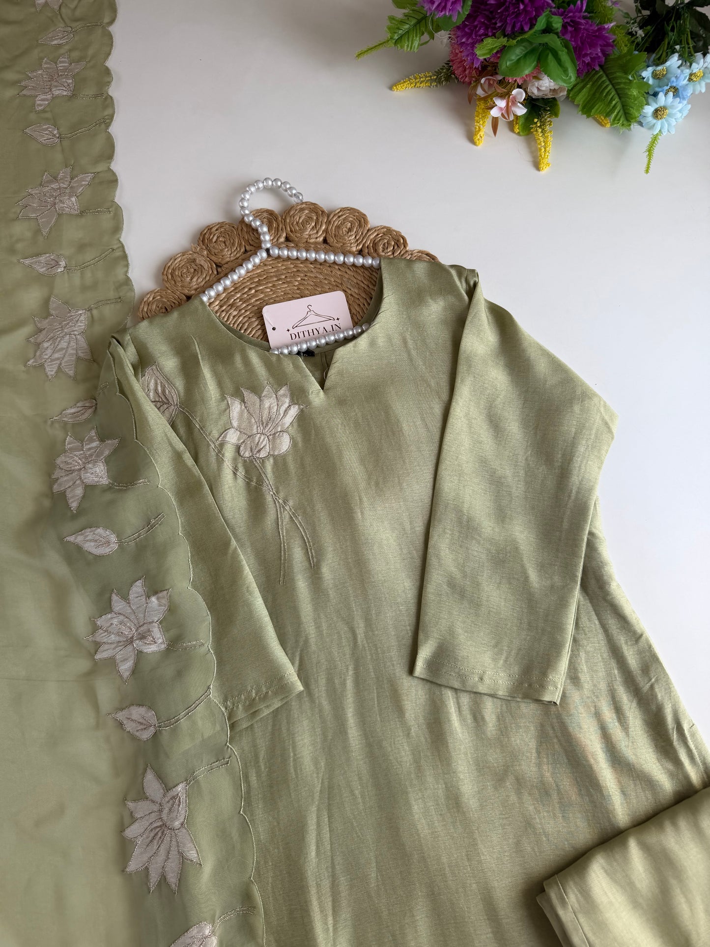 K229 - Dola silk appliqué work straight Kurti with pants and dupatta