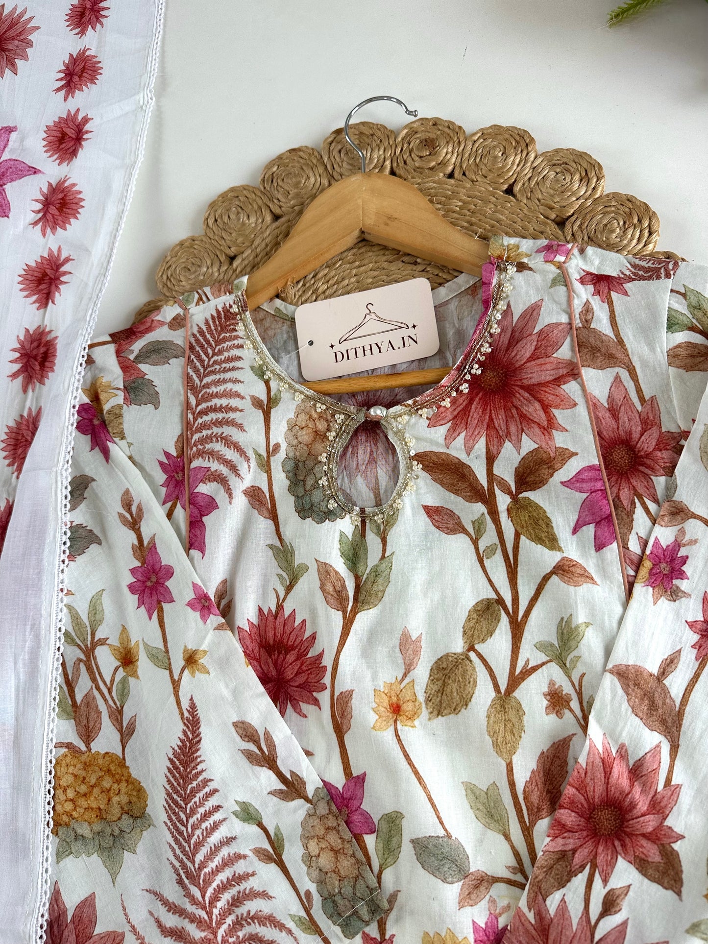 K279 - Mul cotton floral Aline Kurti with pants and dupatta