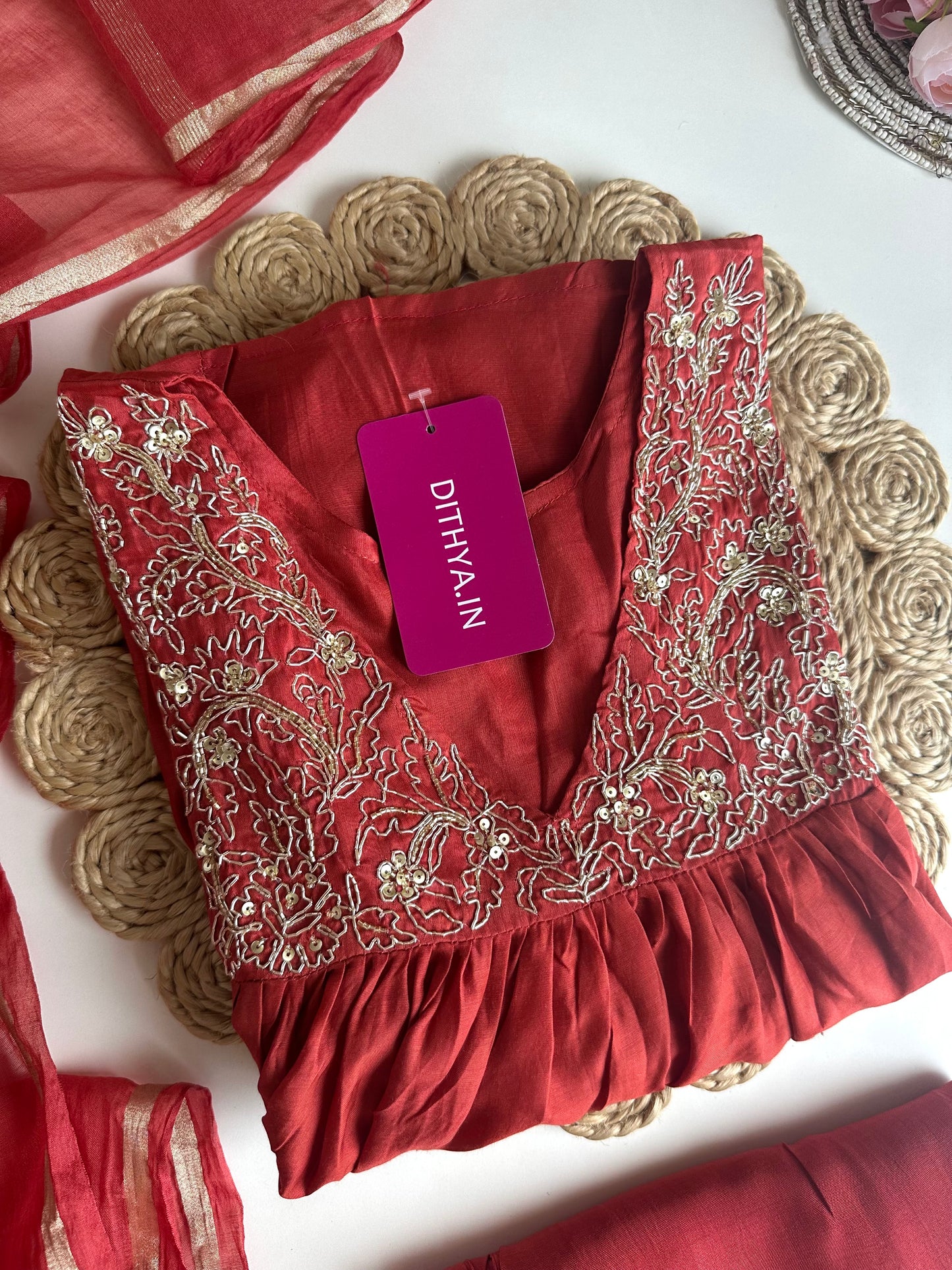 K235 - Mul Chanderi zari work Aline Kurti with pants and dupatta