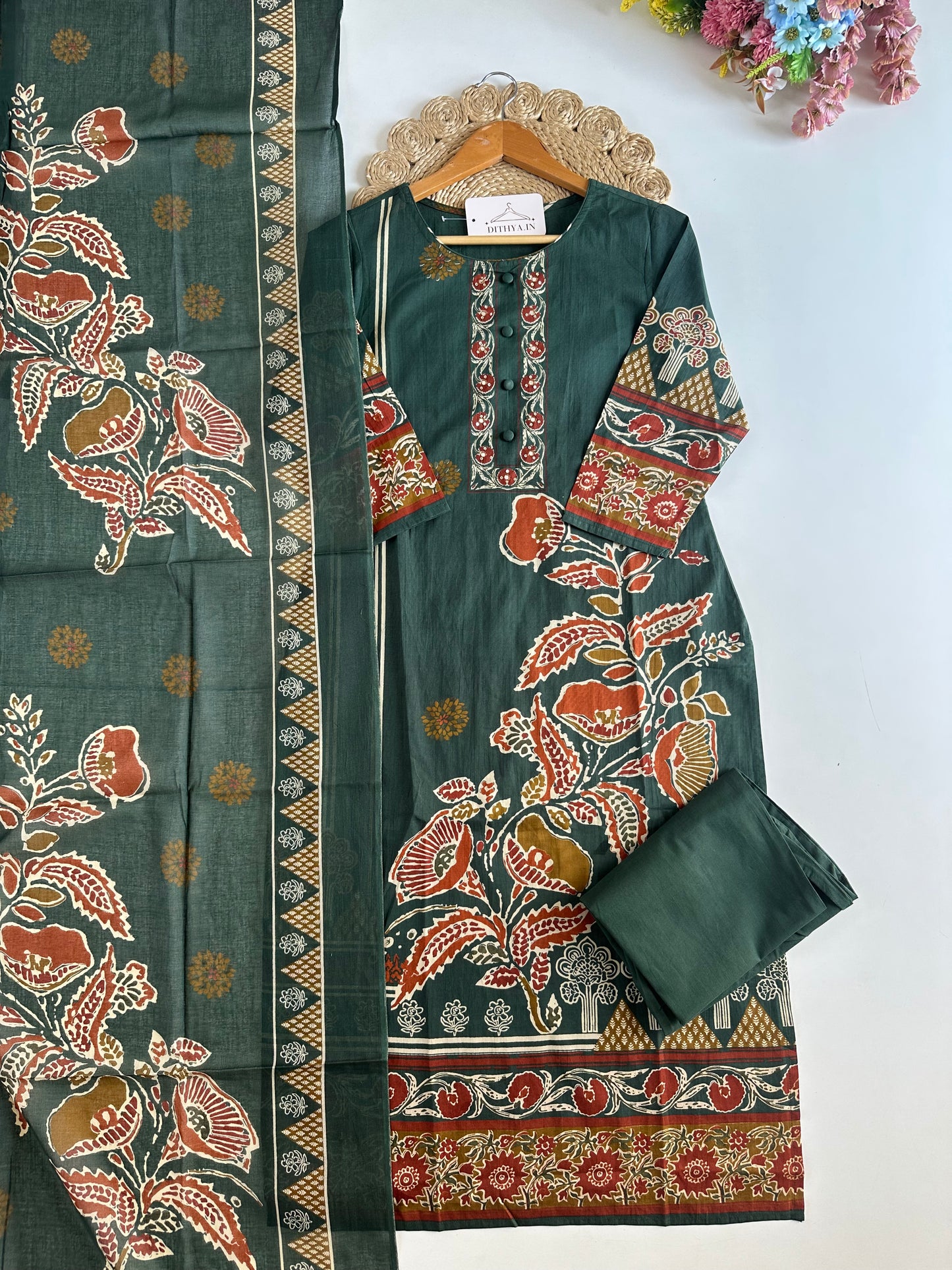 K341 - Mul cotton printed straight Kurti with pants and dupatta