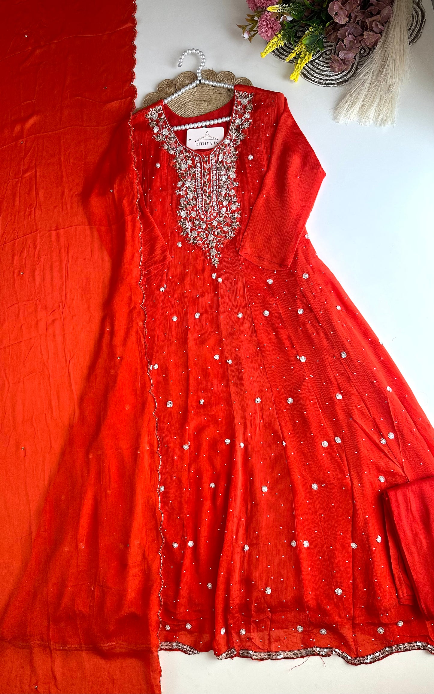 K145 - Chinnon heavy Anarkali with pants and dupatta