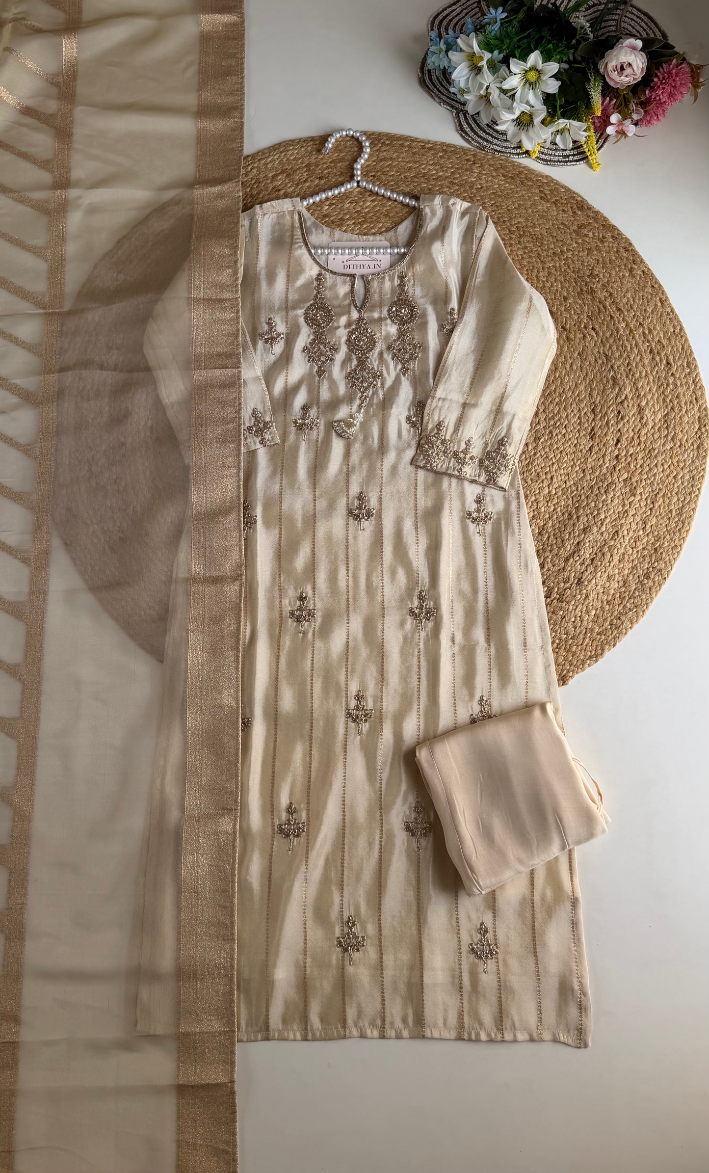 K092 - Tissue silk handwork straight Kurti with pants and dupatta