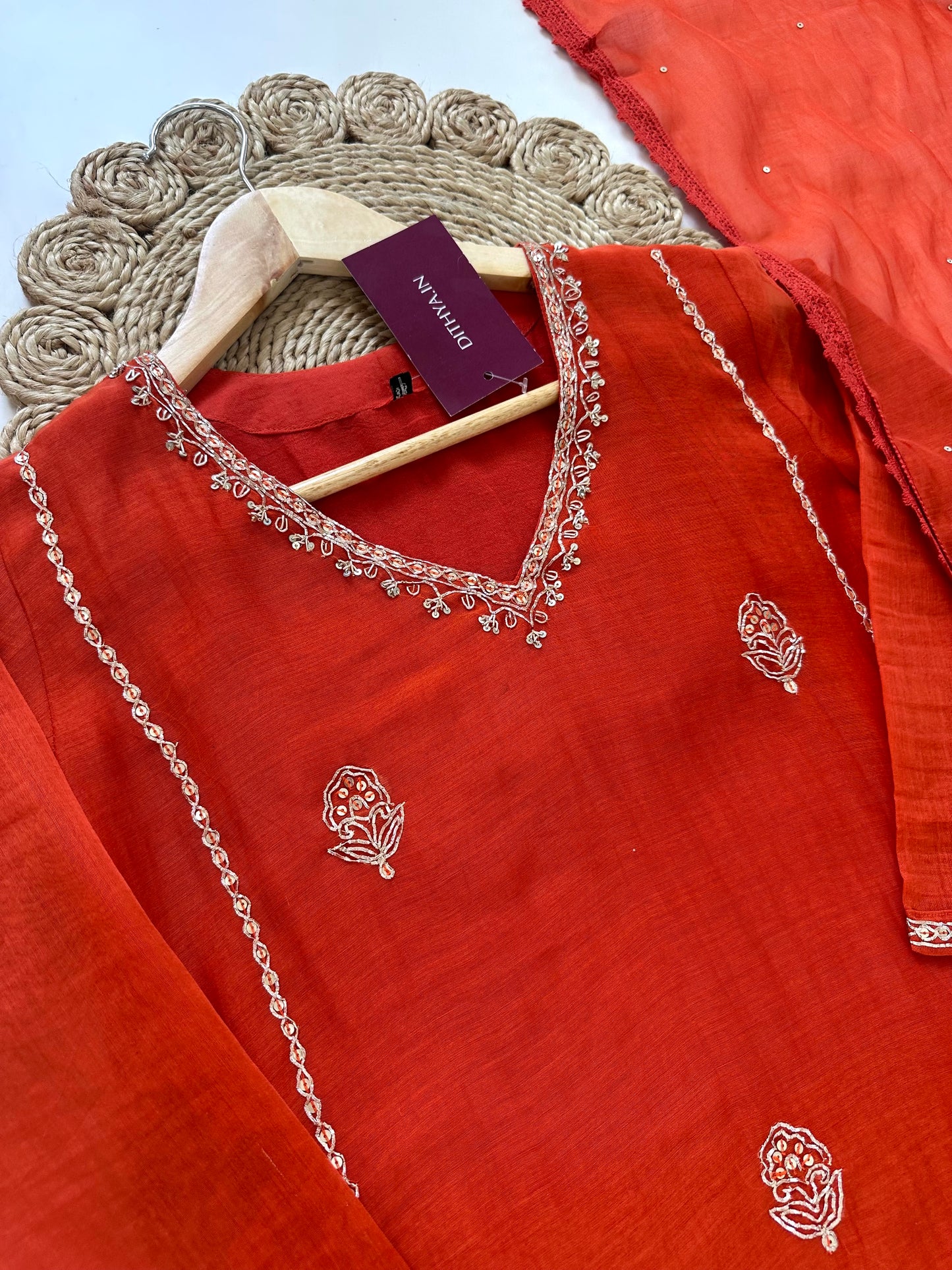 K022 - Mul Chanderi Zardosi work Aline Kurti with pants and dupatta .