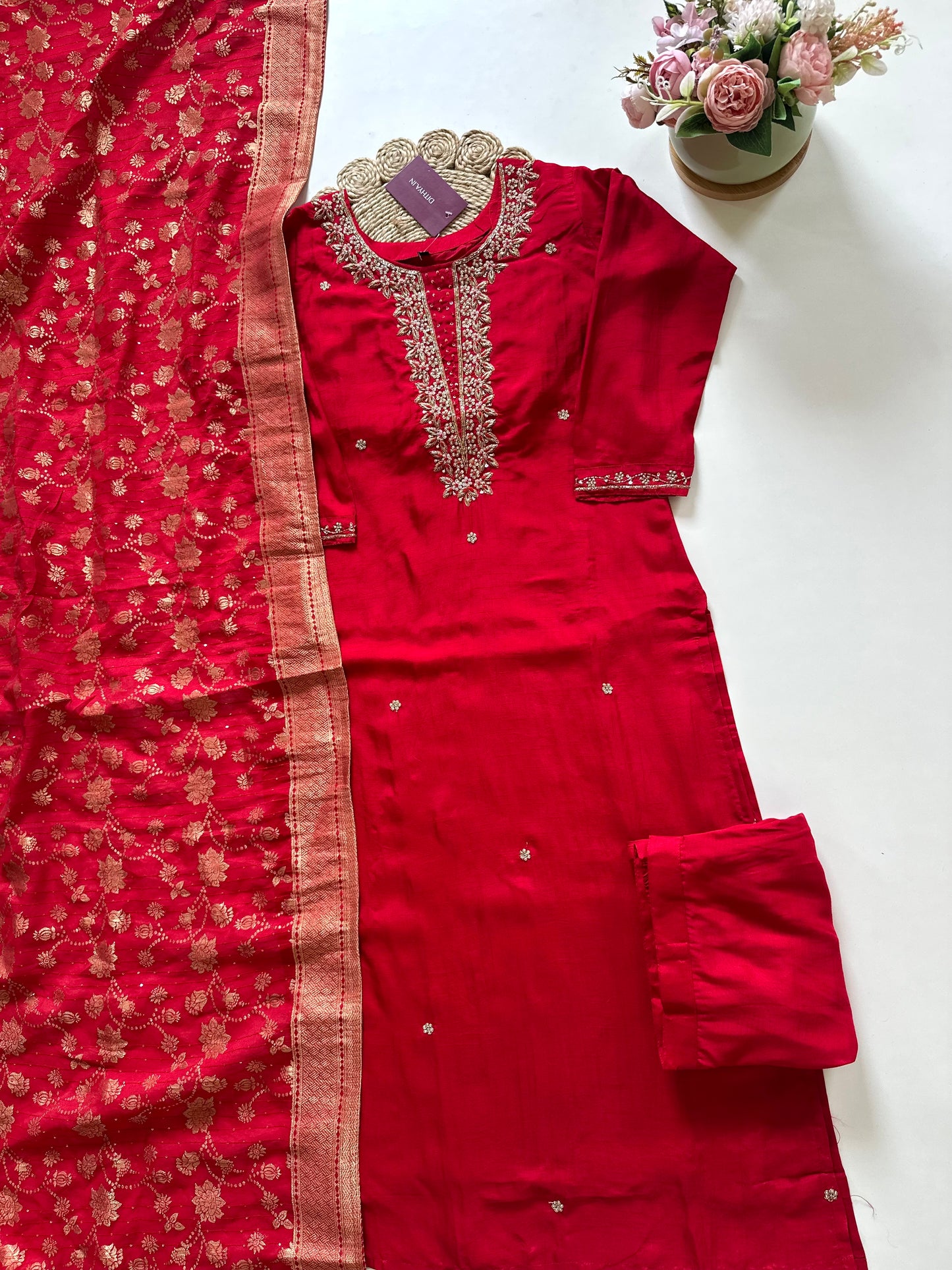 K265 - Russian silk handwork Straight kurti with straight pants and Banarasi silk dupatta .