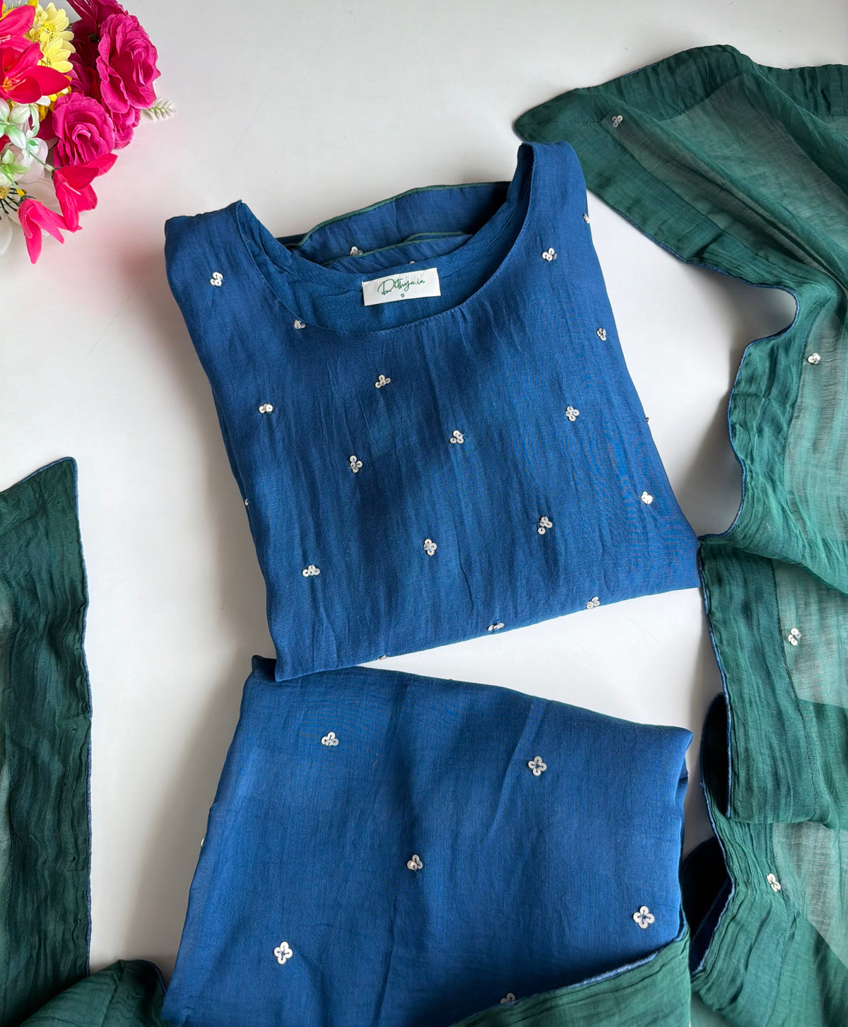 K345 - Mul chanderi handwork aline Kurti with pants and dupatta in 2 colours