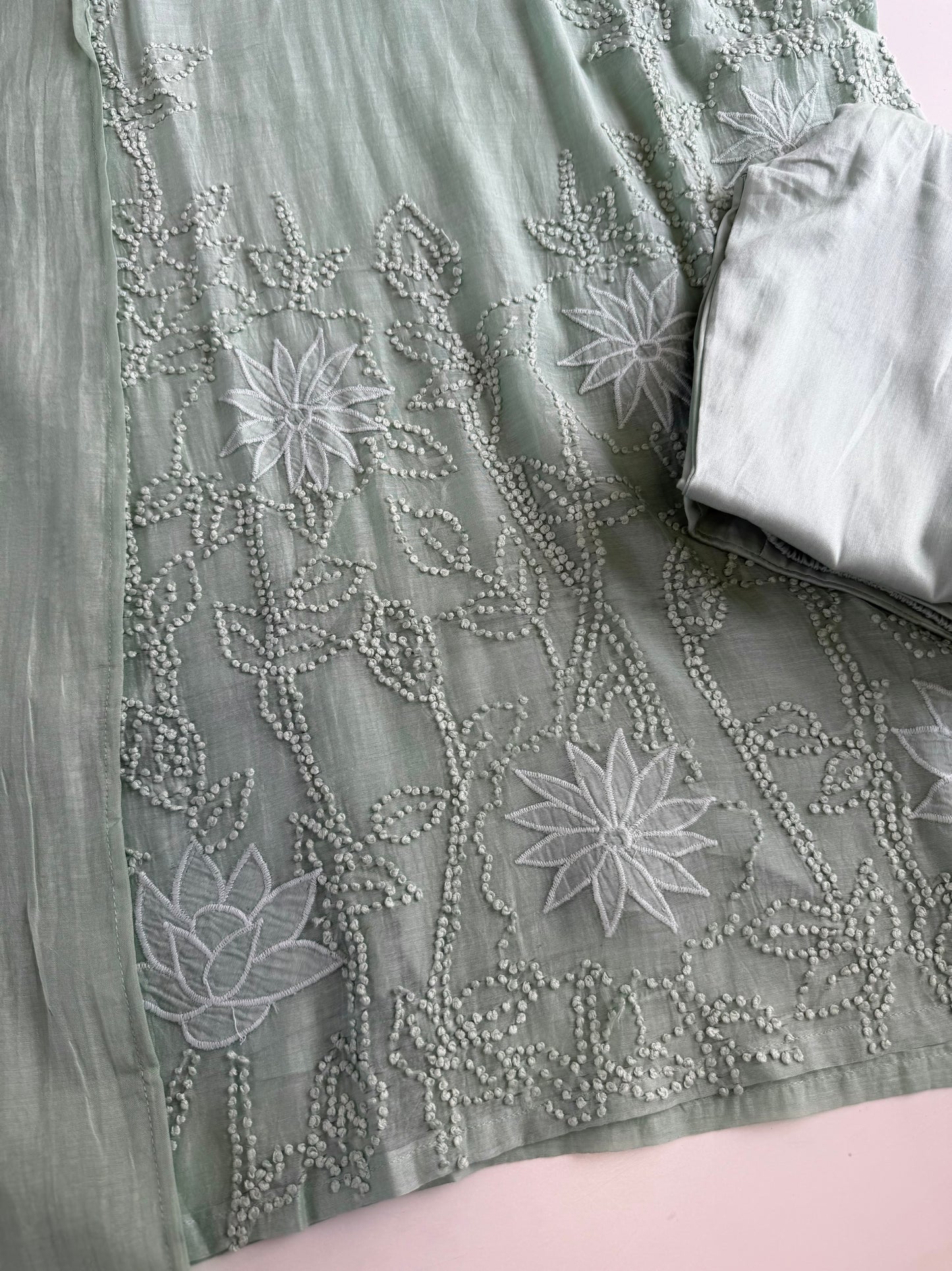 K010 - Mul chanderi embroidered straight Kurti with pants and dupatta