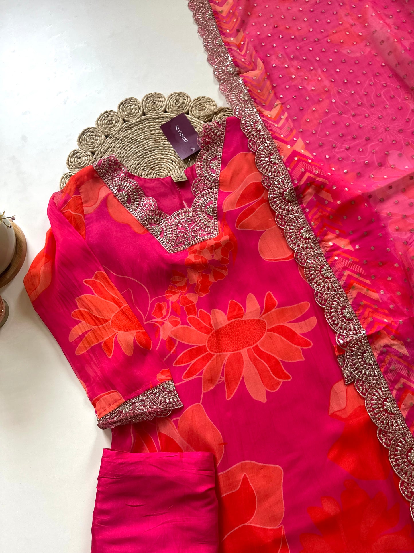 K185 - Viscose organza floral Straight kurti with pants and dupatta .