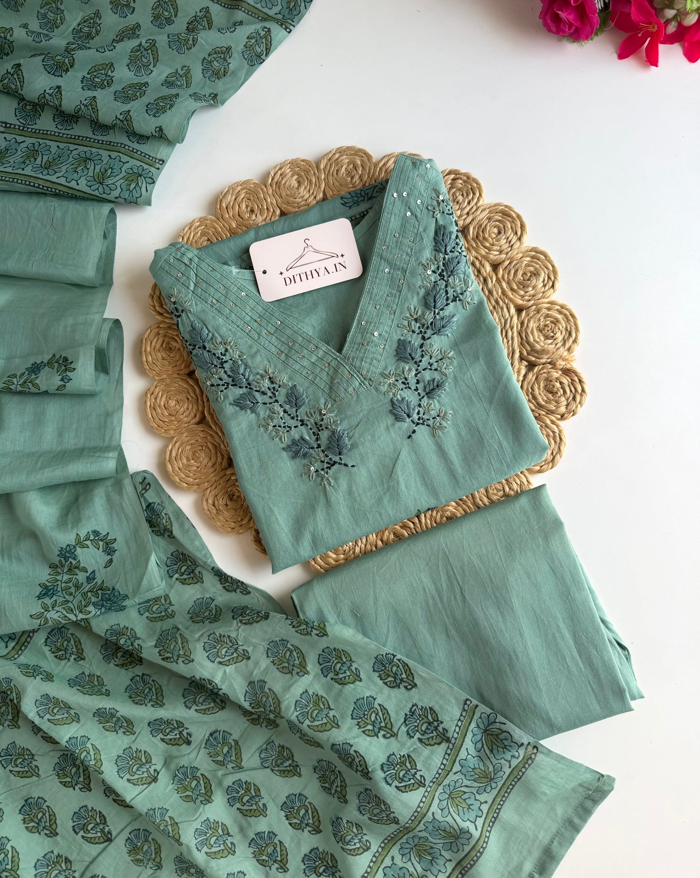 K712 - Mul cotton embroidered straight Kurti with pants and dupatta