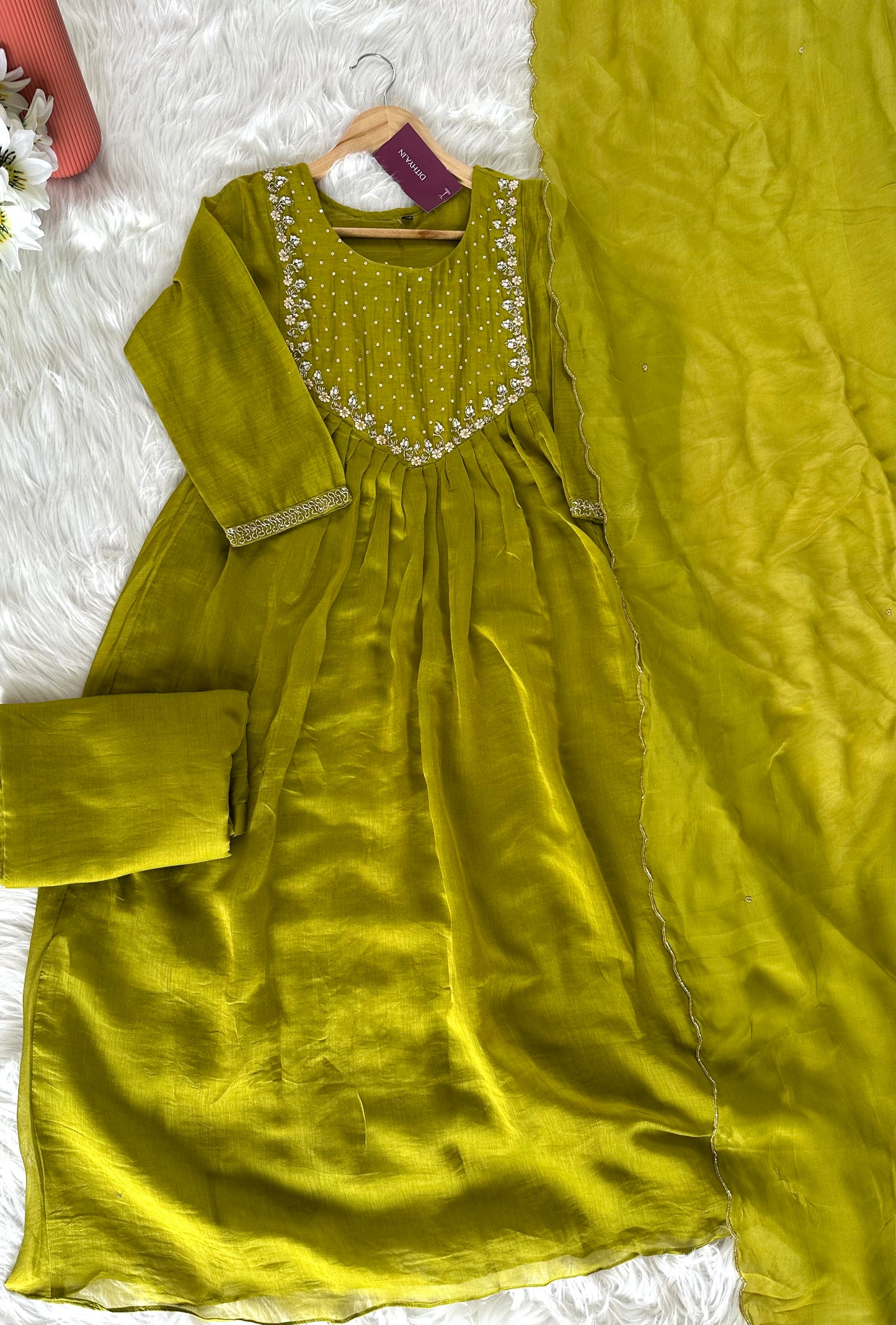 K087 - Mul Chanderi handwork Aline Kurti with pants and dupatta in 3 colours