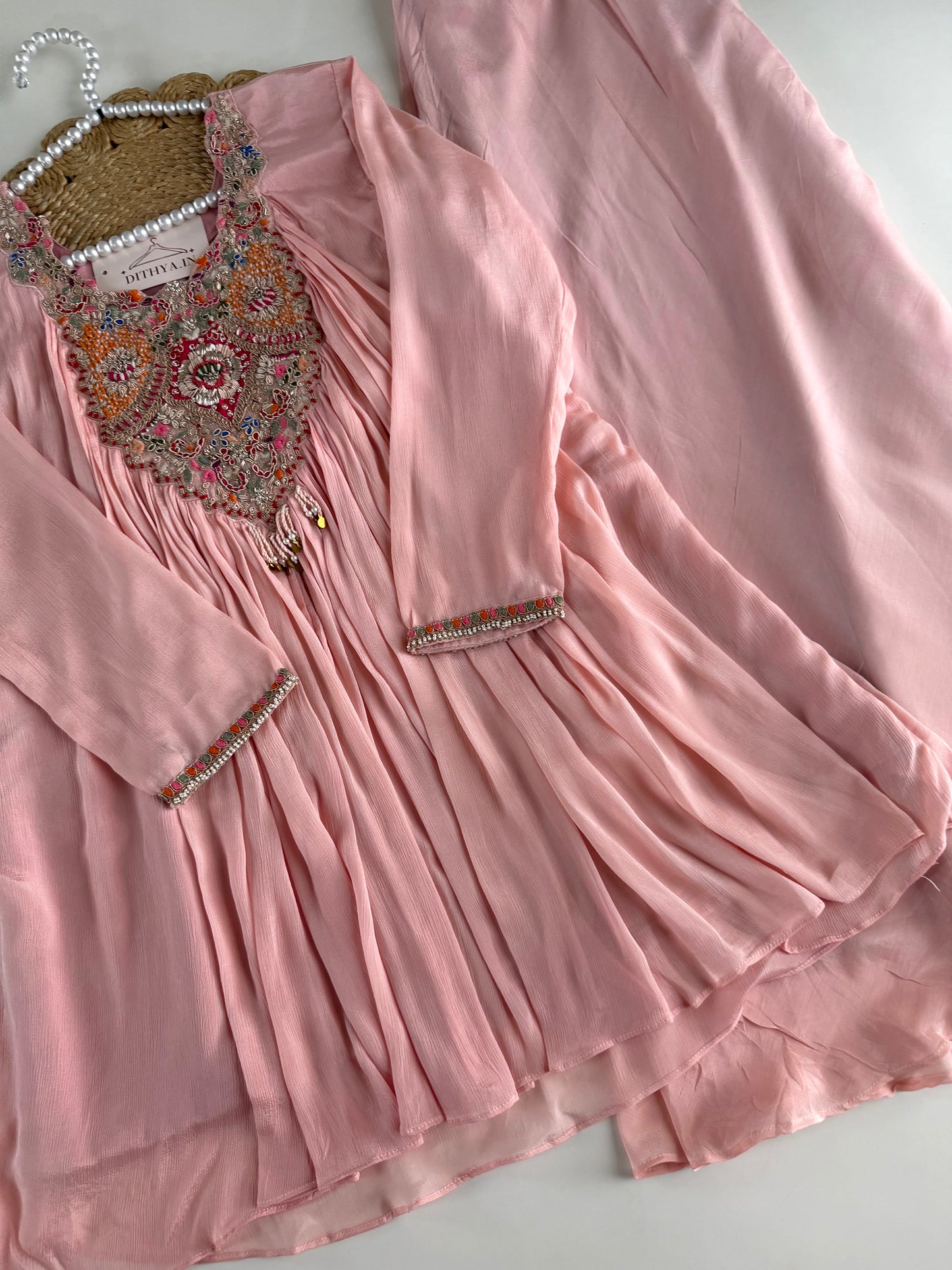 K547 - Chinnon handwork Peplum Kurti with divider pants