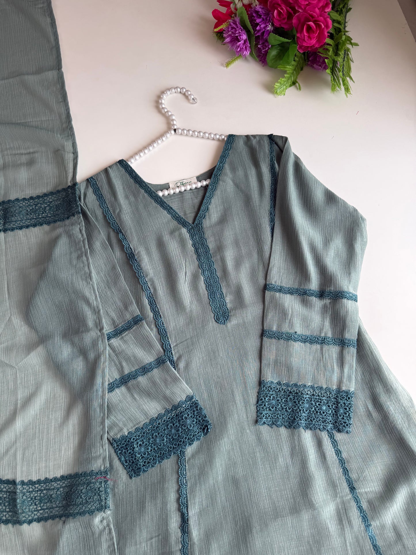 K515 - Crushed Mul cotton embroidered Aline Kurti with pants and dupatta in 2 colours
