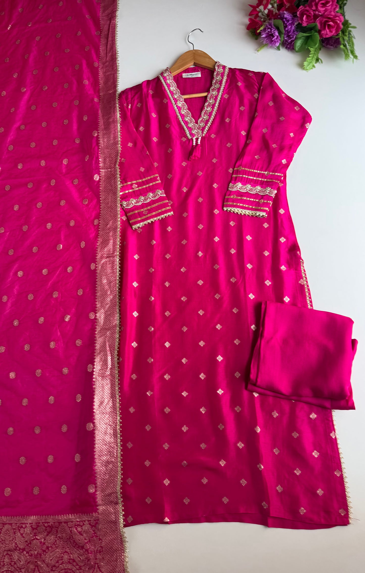 K519 - Jacquard silk straight Kurti with pants and dupatta in 2 colours