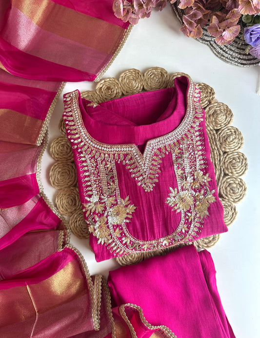 K442 - Mul Chanderi handwork Aline Kurti with pants and dupatta
