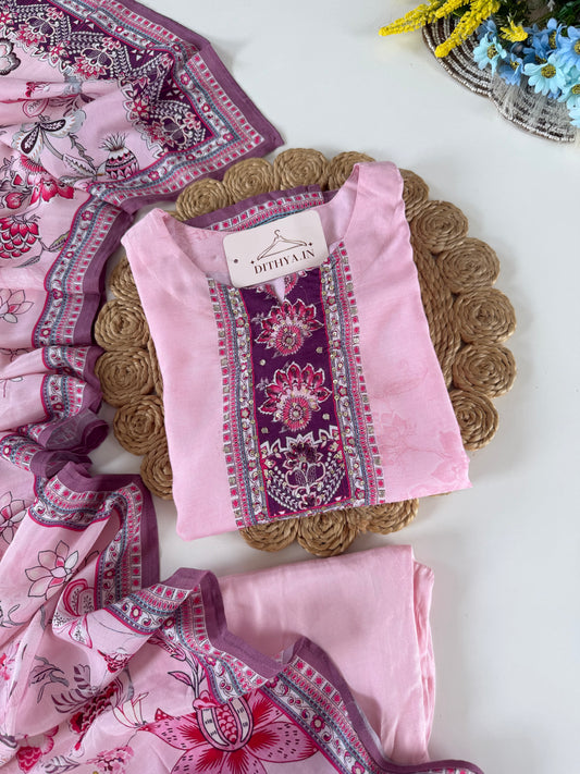 K452 - Muslin printed straight Kurti with pants and dupatta