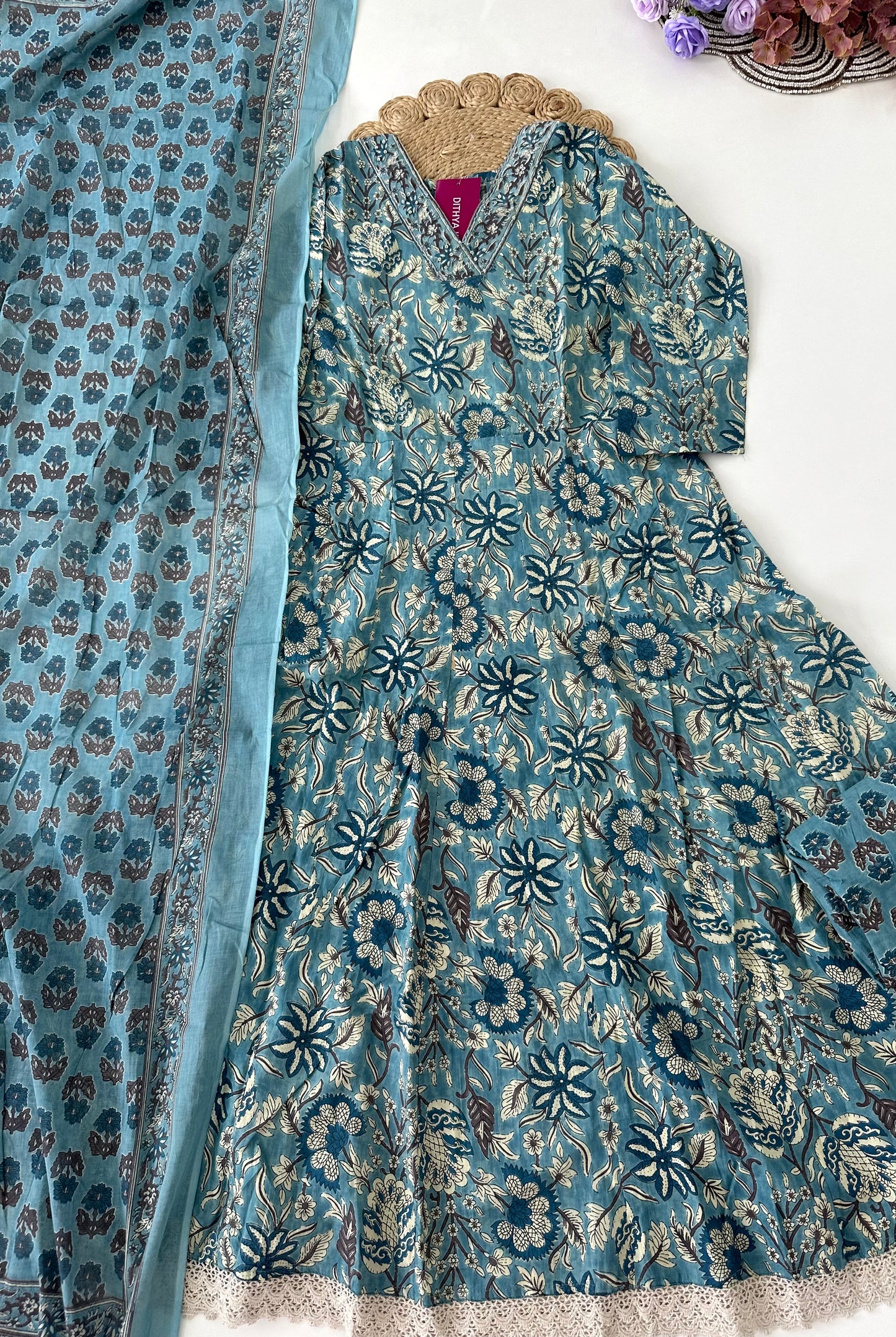 K103 - Cotton floral Anarkali with pants and dupatta