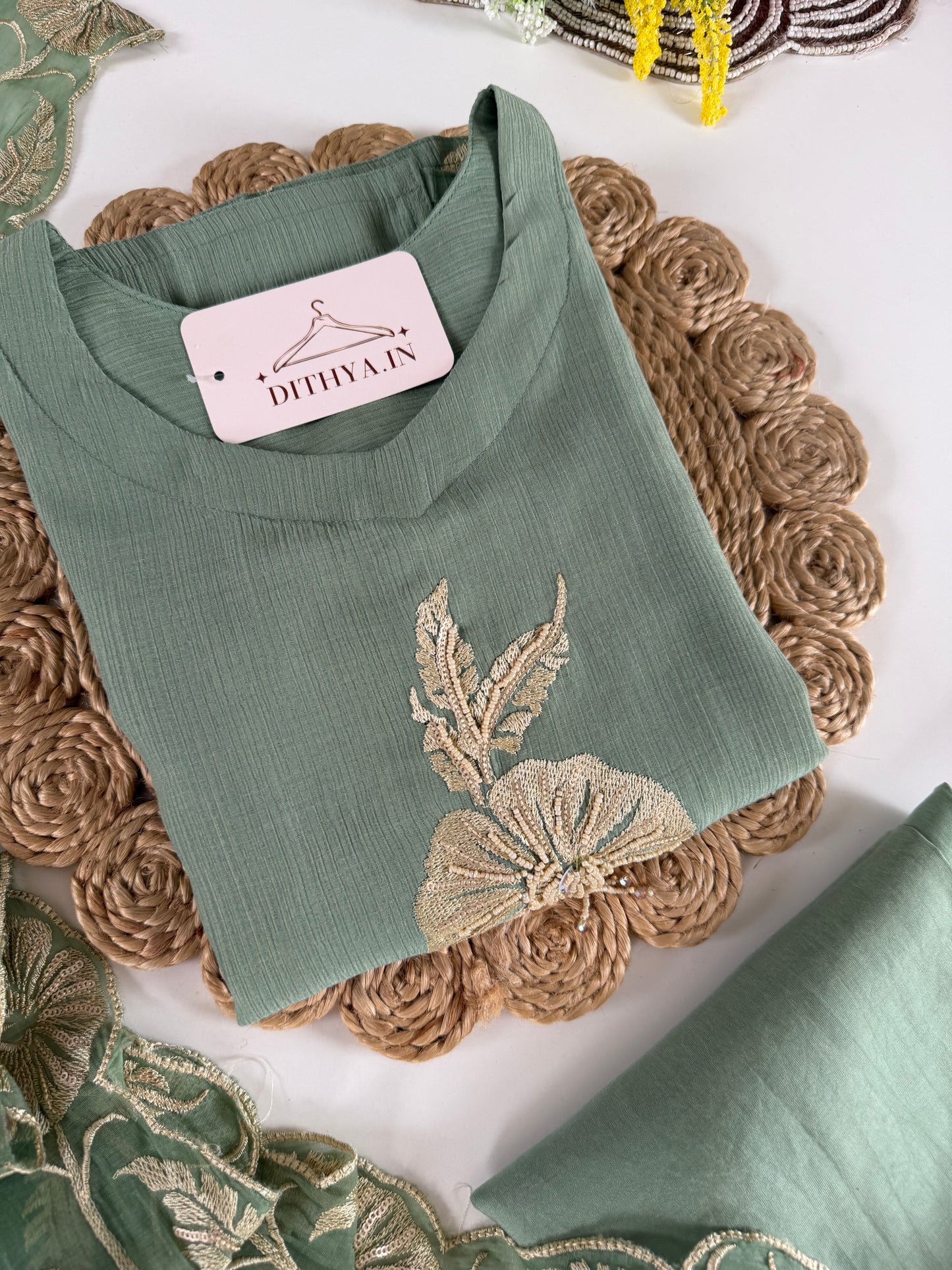 K542 - Muslin doriya embroidered straight Kurti with pants and dupatta