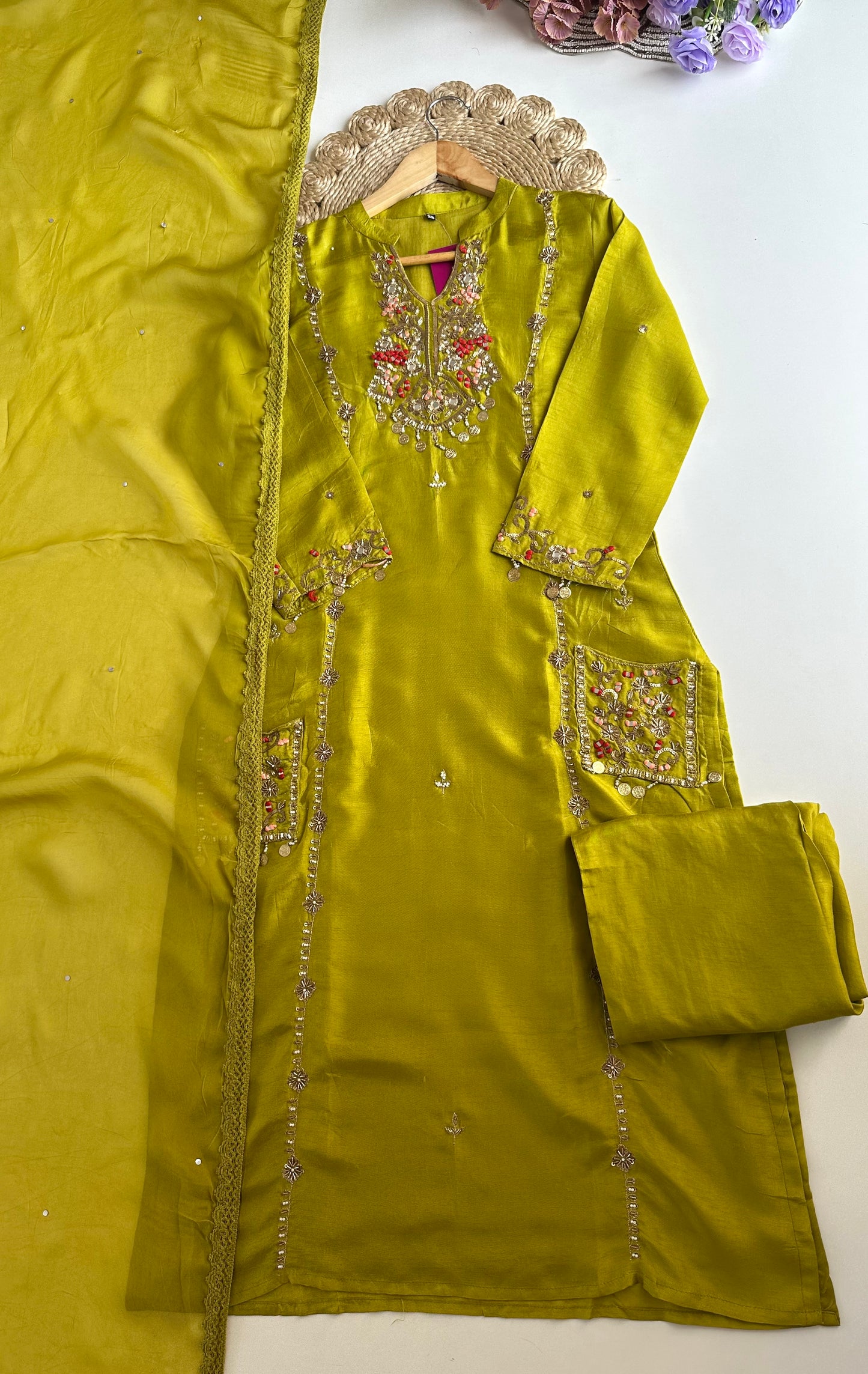 K146 - Russian silk handwork straight Kurti with pants and dupatta
