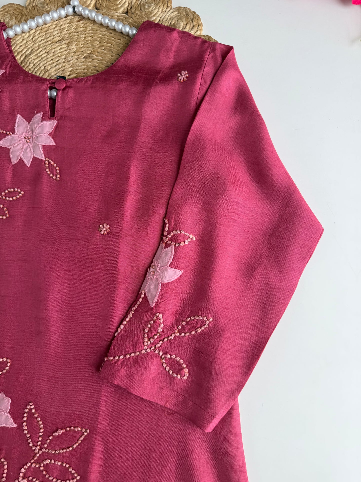 K119 - Russian silk appliqué handwork straight Kurti with pants and dupatta