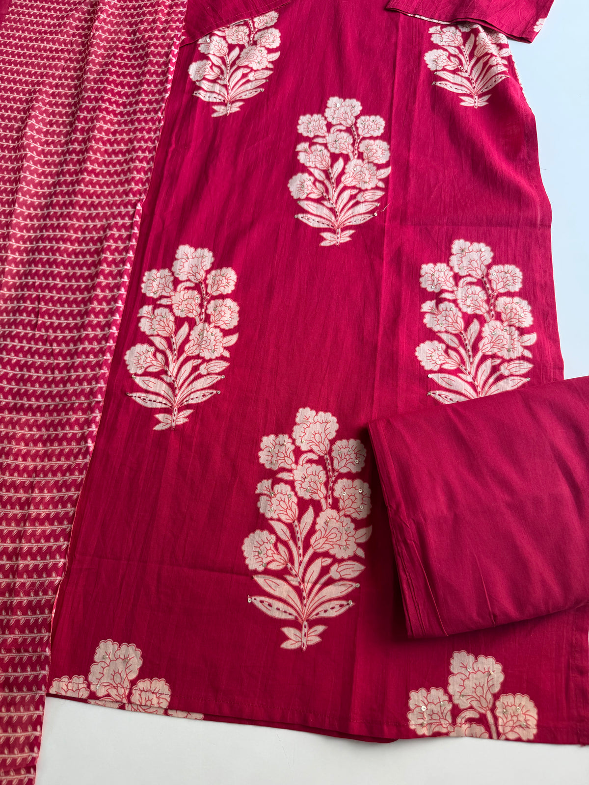 K180 - Mul cotton embroidered straight Kurti with pants and dupatta