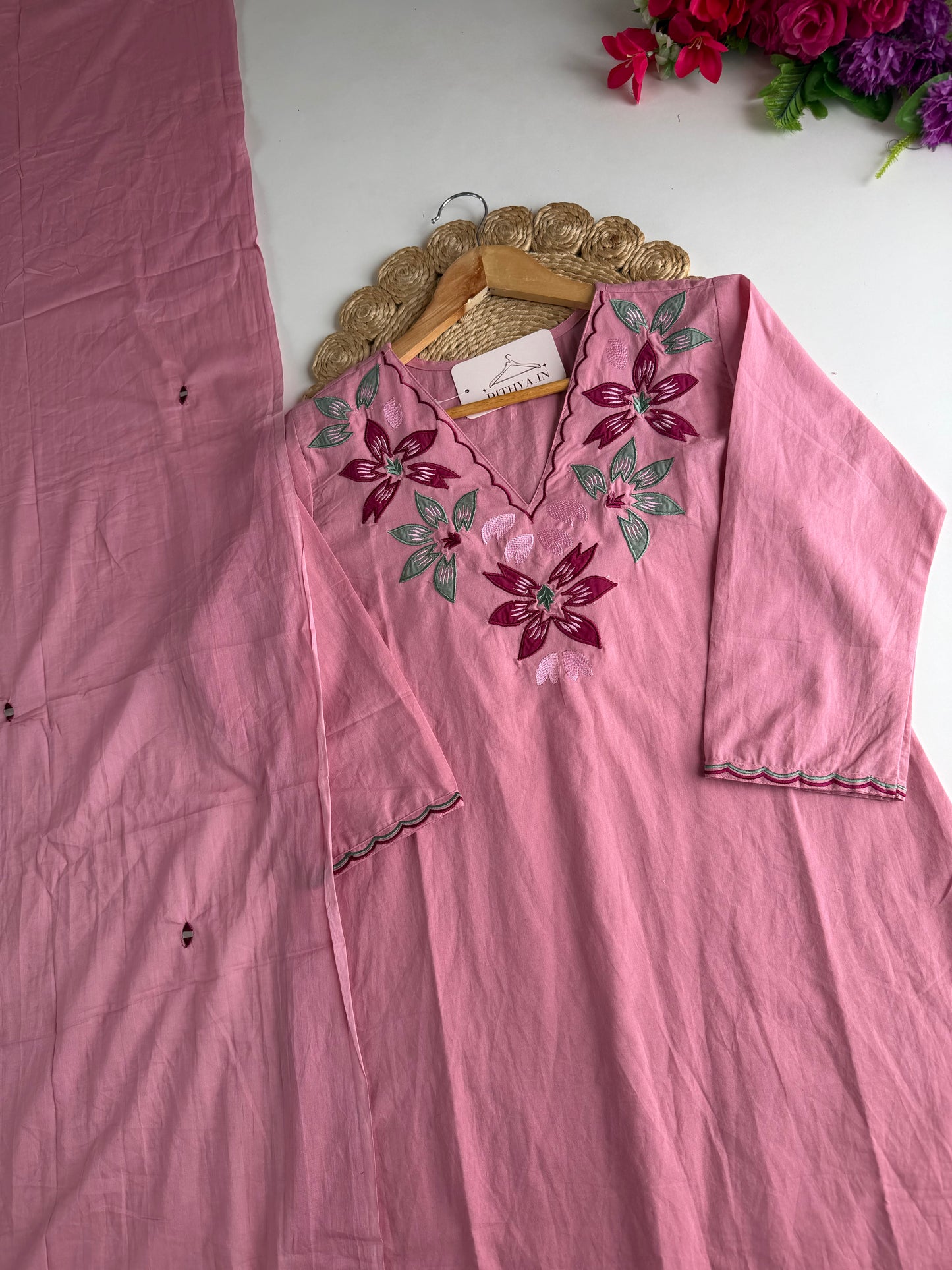 K131 - Mul cotton embroidered straight Kurti with pants and dupatta