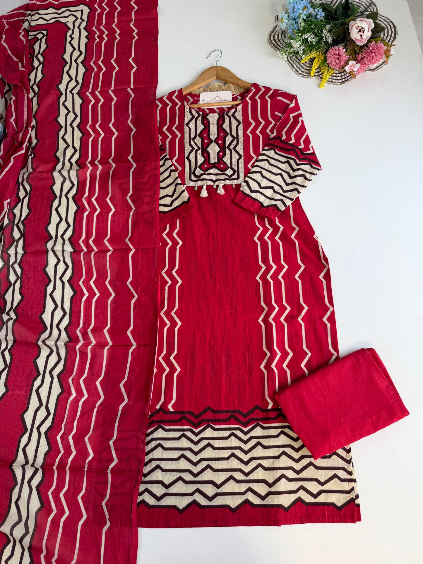 K646 - Mul cotton printed straight Kurti with pants and dupatta