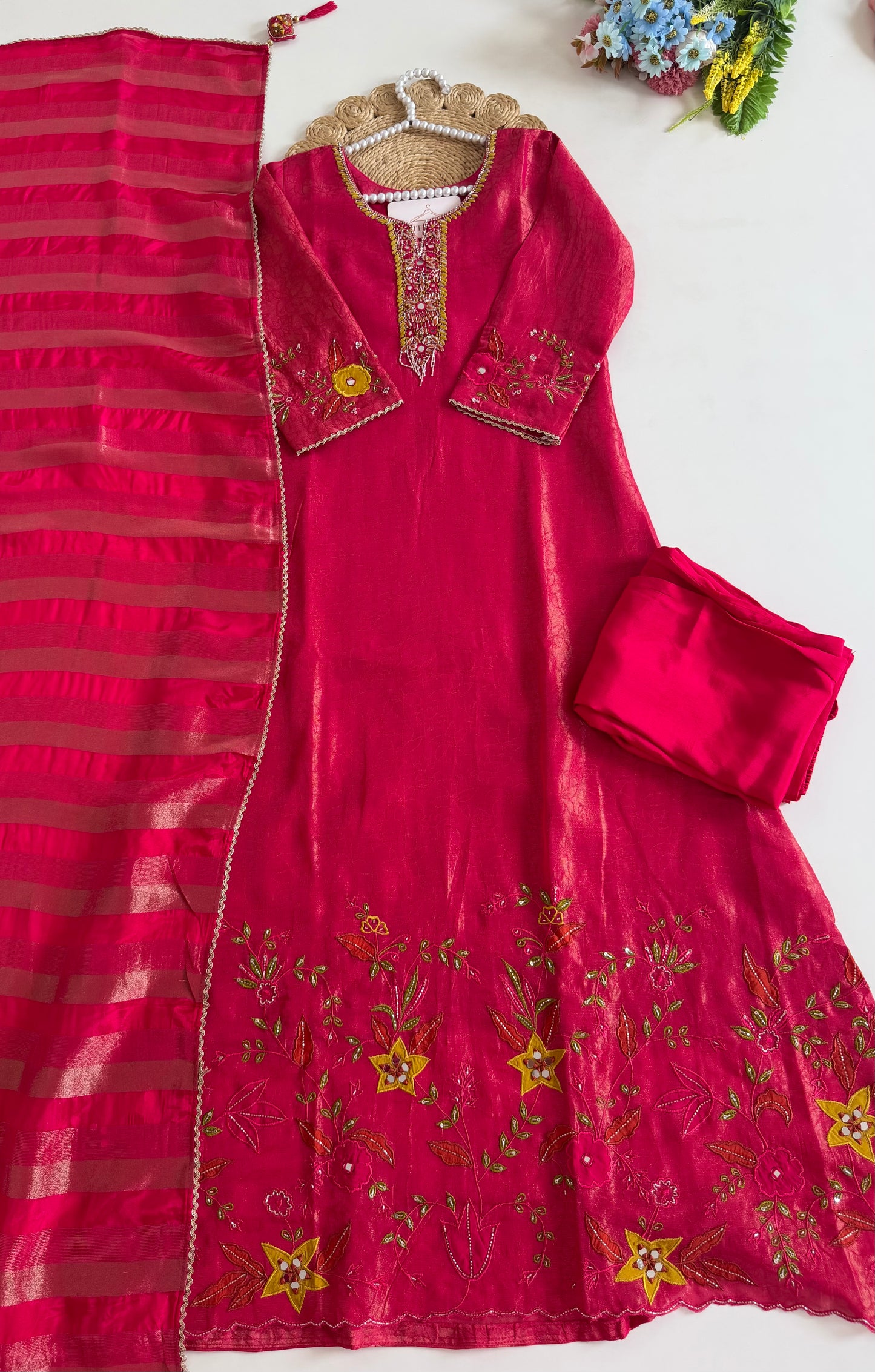 K683 - Self tissue silk handwork aline Kurti with pants and dupatta