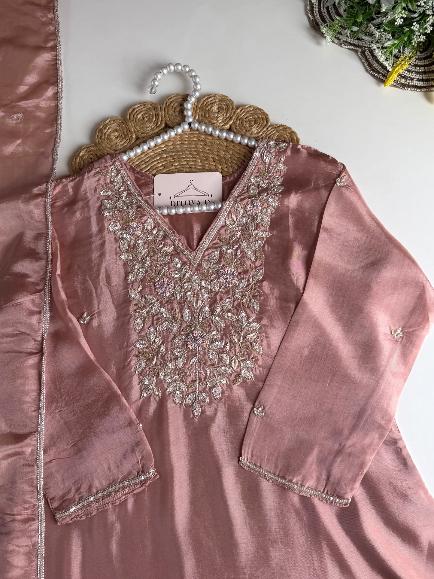 K597 - HO silk handwork Aline Kurti with pants and dupatta