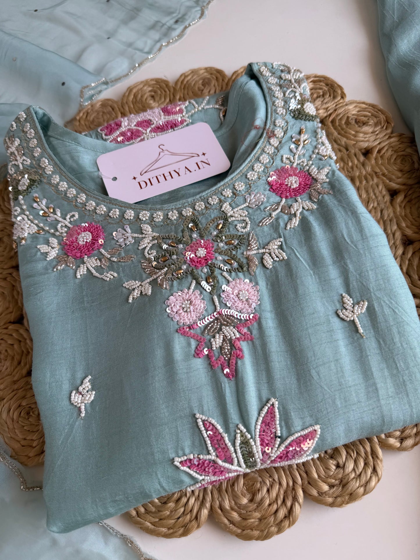 K333 - Russian silk handwork short Kurti with divider pants and dupatta