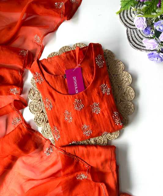 K347 - Mul Chanderi handwork Anarkali with pants and dupatta