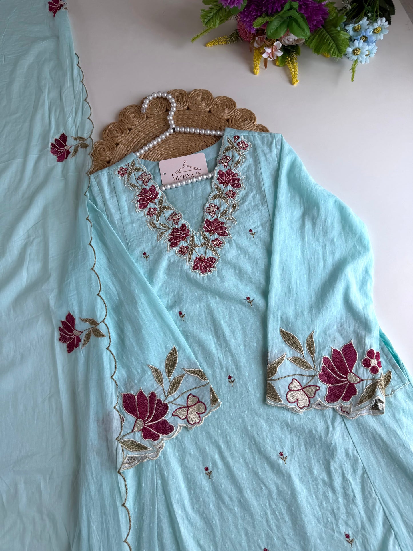 K011 - Mul cotton embroidered Anarkali with pants and dupatta